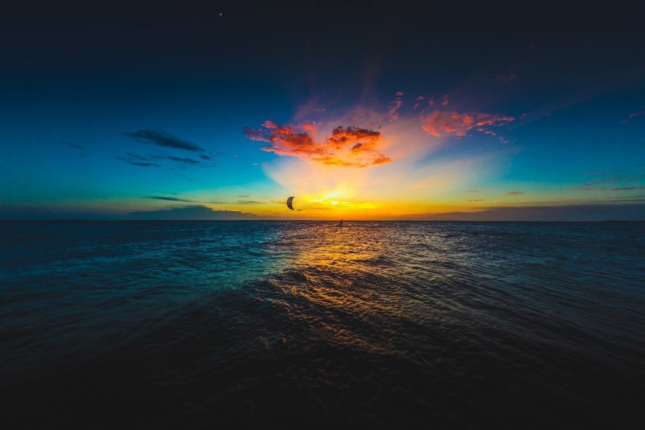 tranquil scene, blue, orange color, tranquility, sky, scenics - nature, outdoors, 720P, sunset, land, water, nature, beach, sea, idyllic, kite, horizon, HD Wallpaper