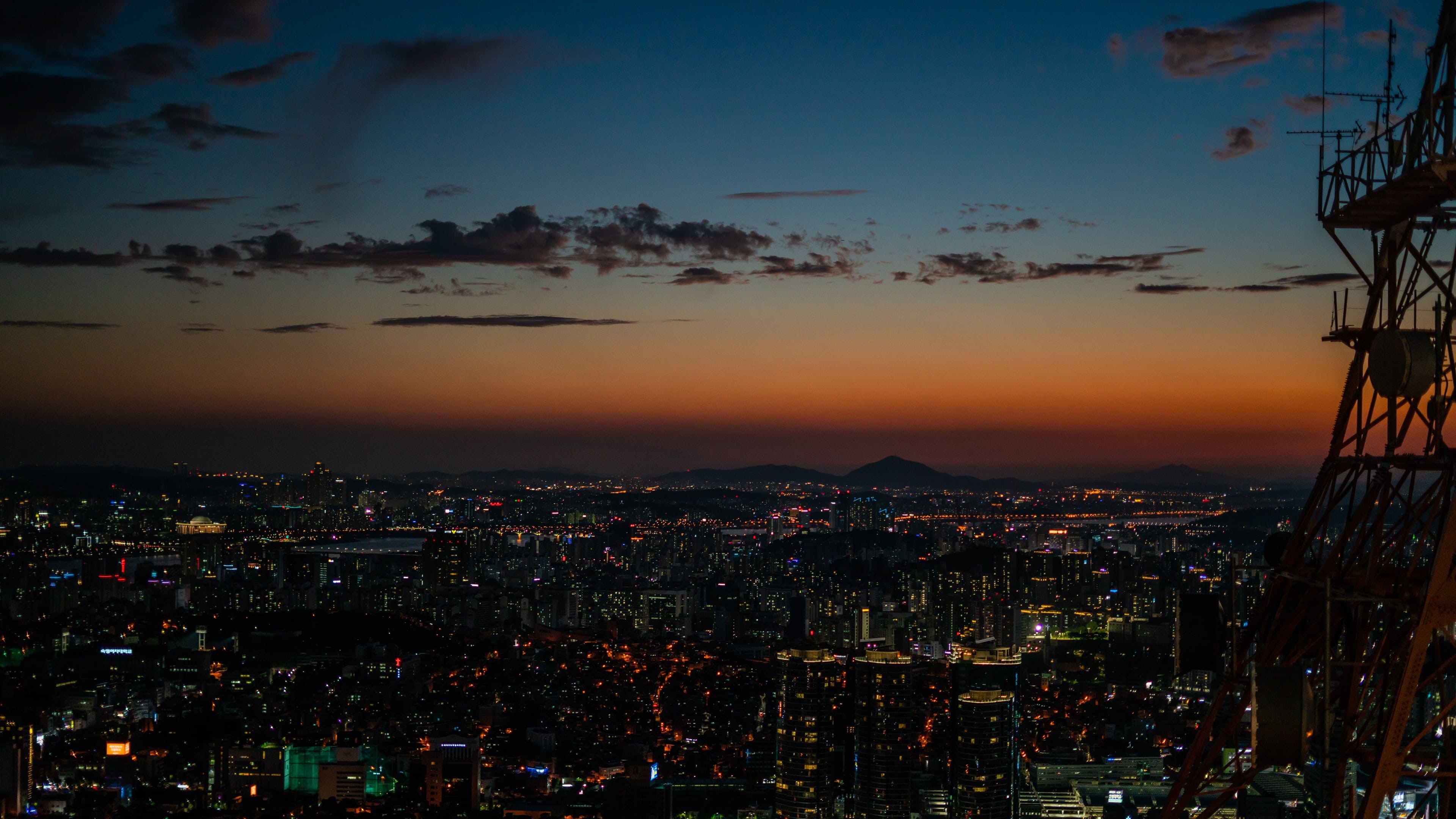 skyscraper, landscape, korean, crowd, night, residential district, architecture, sky, namsan, illuminated, cityscape, 4K, outdoors, crowded, korea, sunset, HD Wallpaper