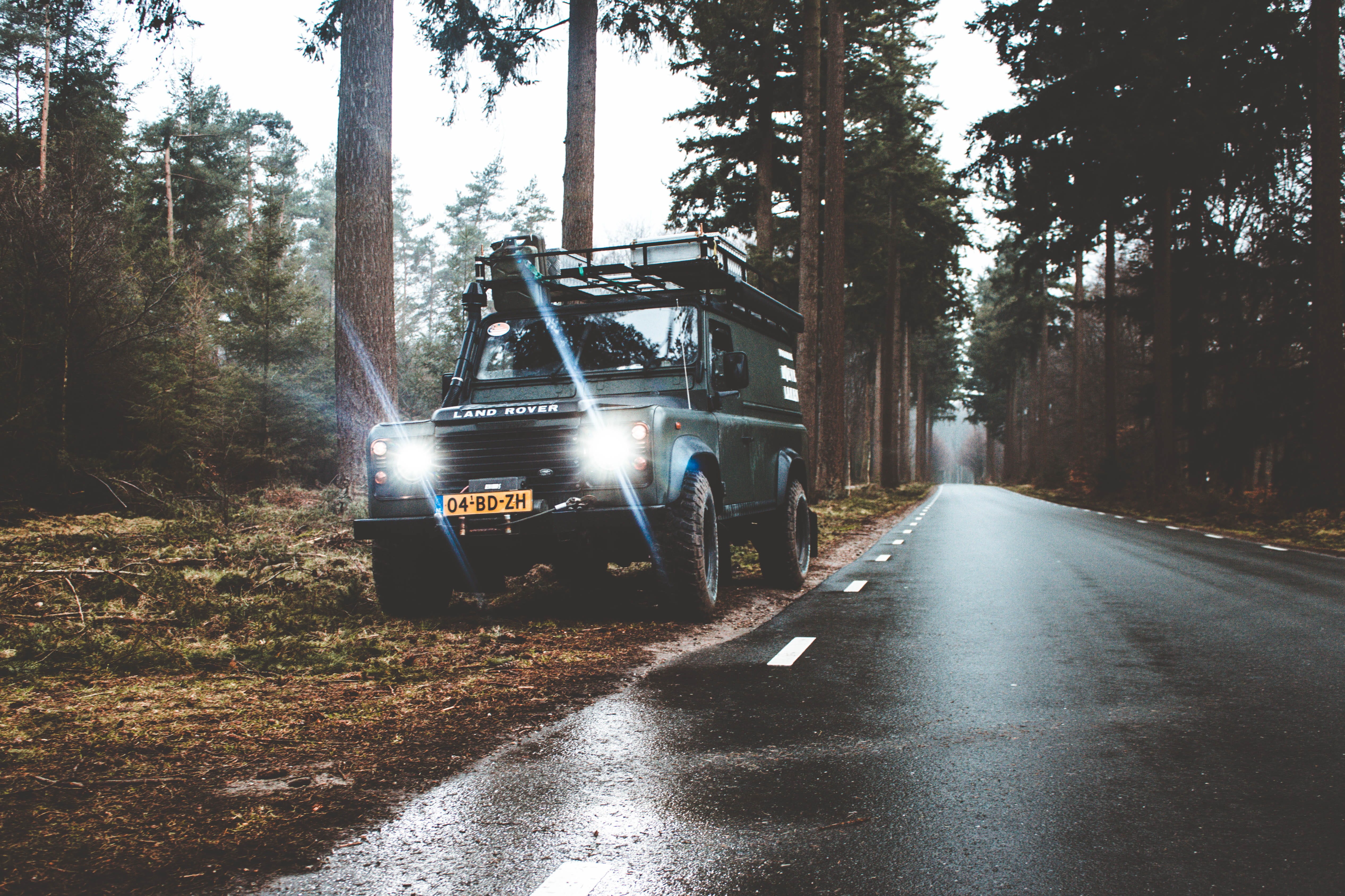 4K, wet, illuminated, outdoors, motor vehicle, machinery, black, defender 110, road, discover, 4x4, explore, wanderlust, travel, headlight, growth, suv, HD Wallpaper