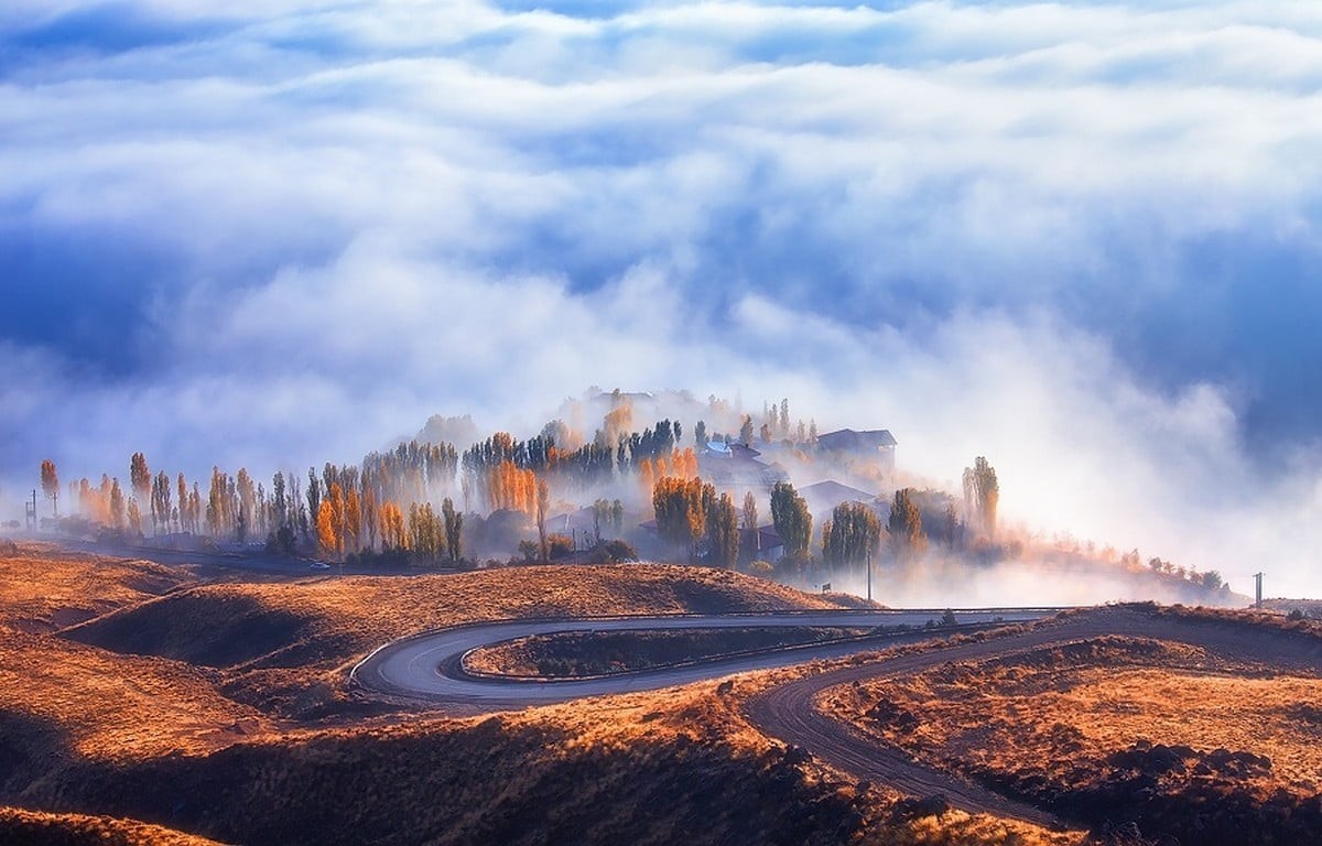 road, leafed, alborz province (iran), geology, fall, smoke - physical structure, nature, green, no people, travel destinations, outdoors, 480P, power in nature, HD Wallpaper