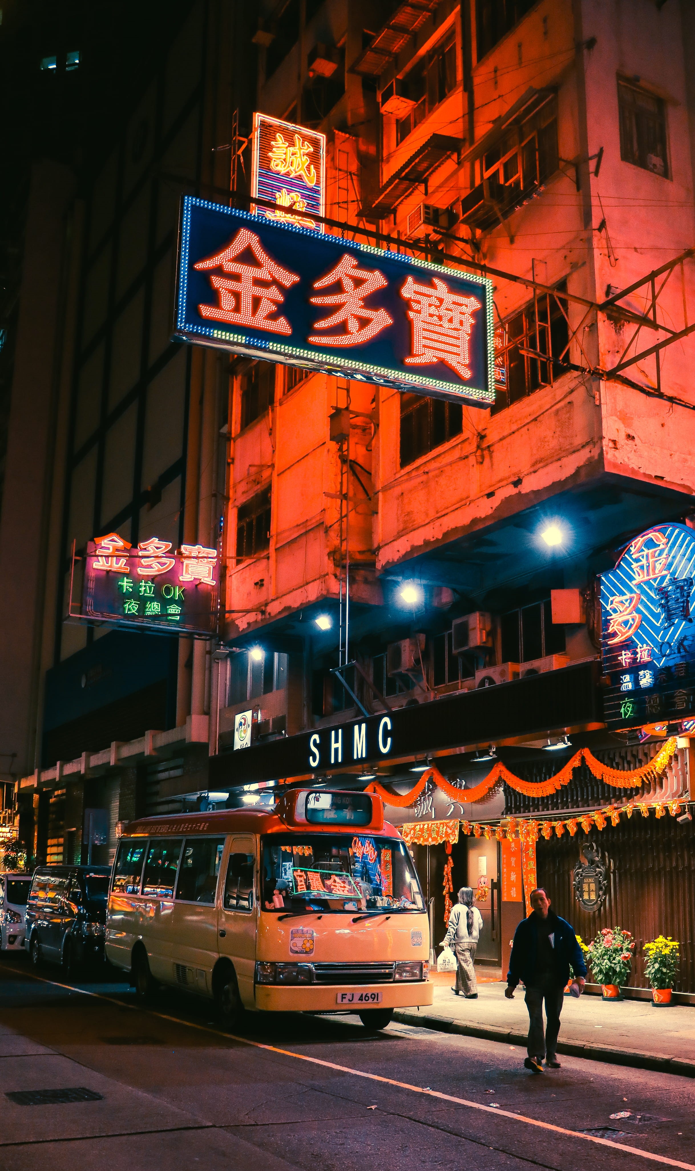 evening, motor vehicle, asia, car, transport, building, building exterior, near, bus, night, pedestrian, cyberpunk, real people, road, outdoors, text, neon, Phone HD Wallpaper