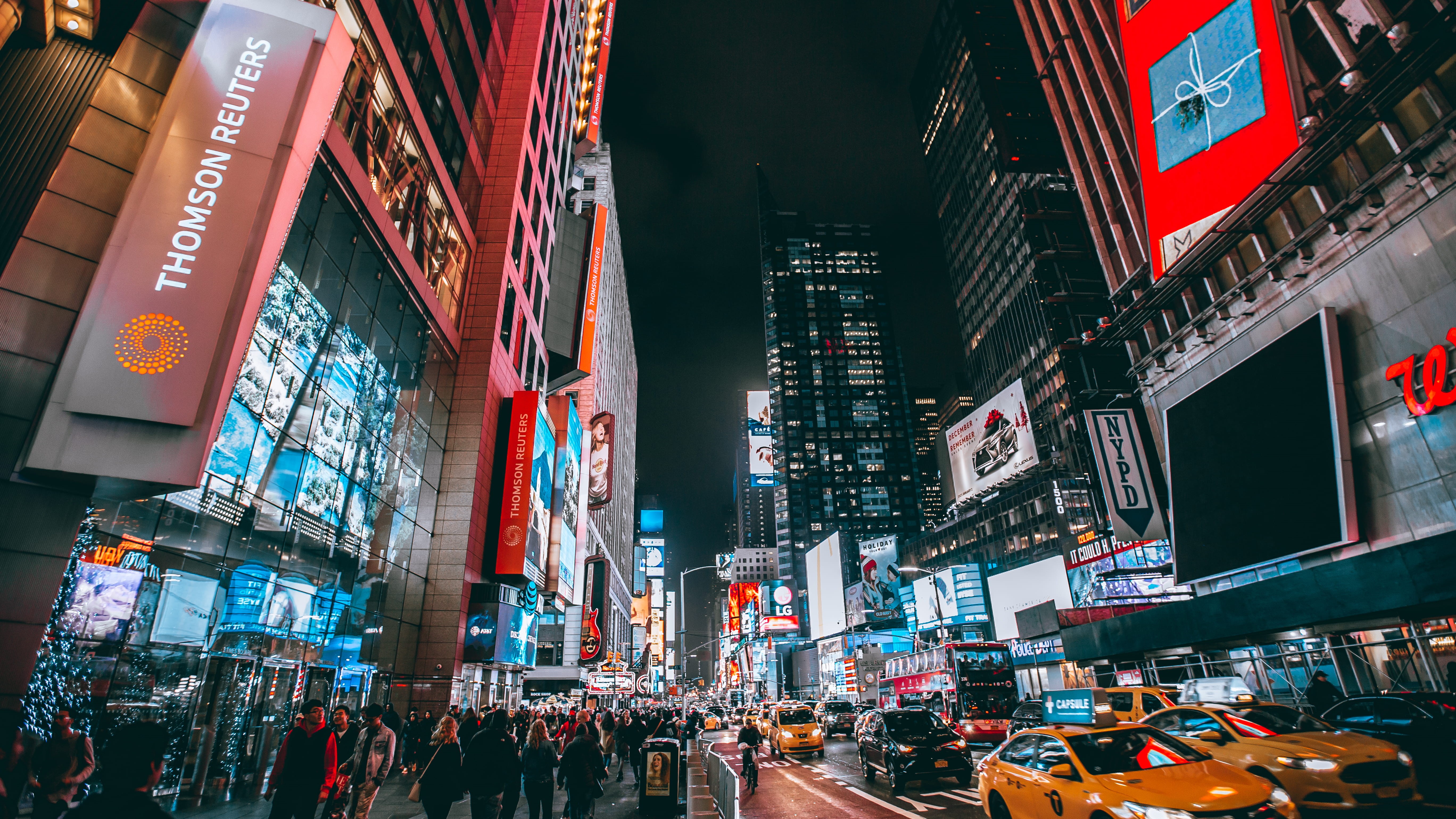 city life, new york, buildings, town, 5K, group of people, commercial sign, building, architecture, outdoors, urban, vehicles, time, skyscraper, built structure, HD Wallpaper