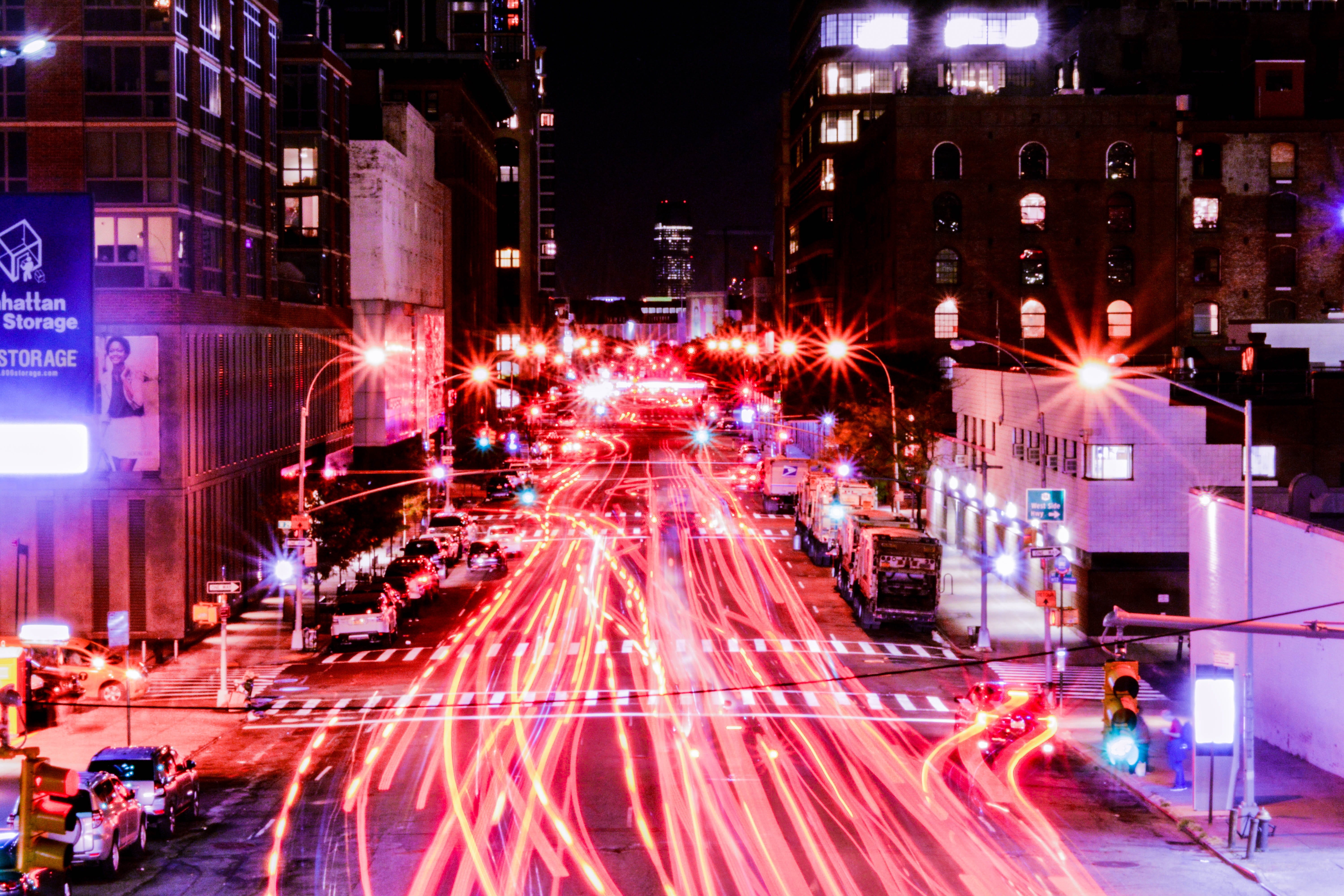 newyork, time, light trail, office building exterior, traffic, photography, mode of transportation, architecture, building exterior, urban, building, city life, HD Wallpaper