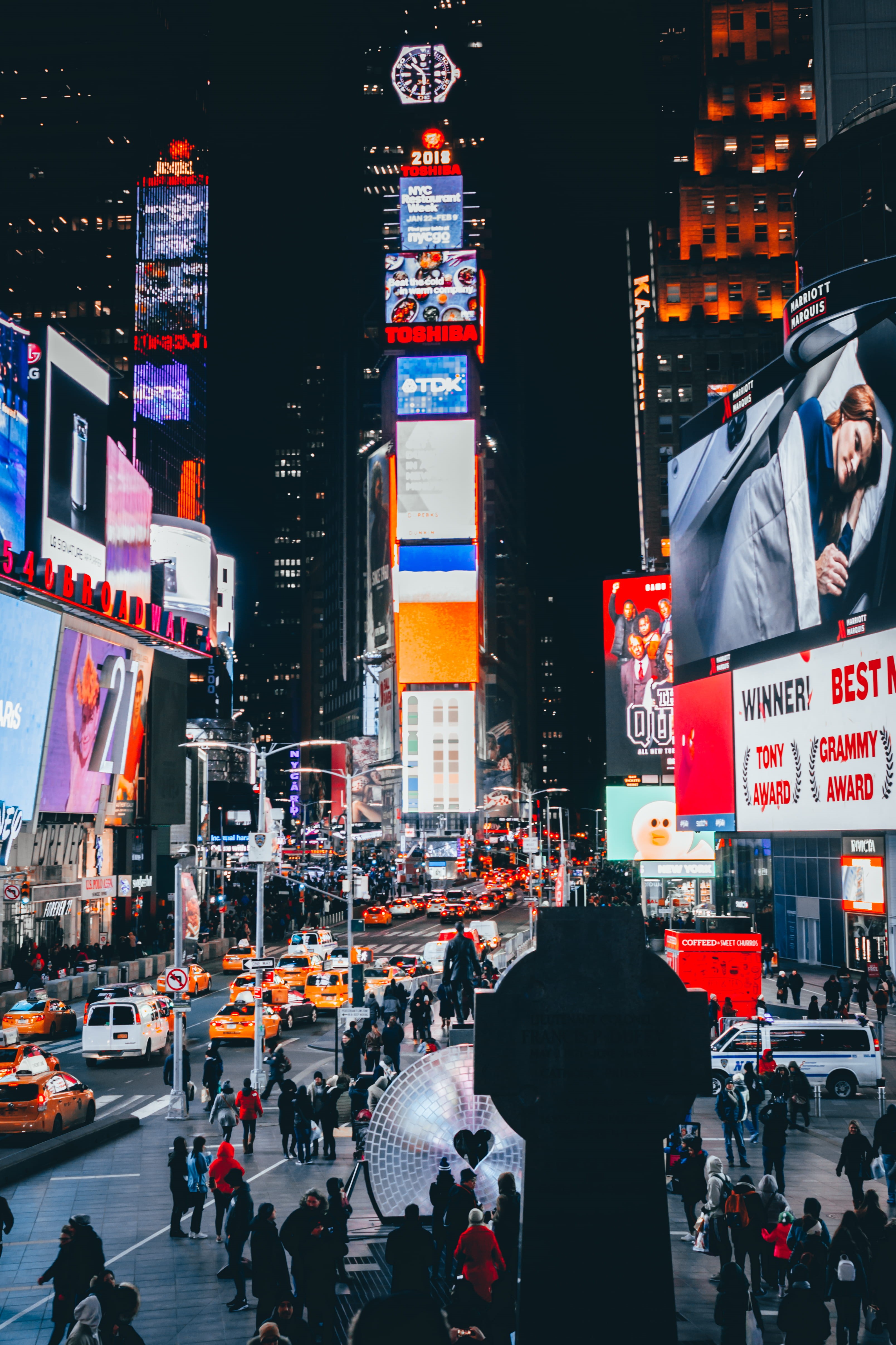 motor vehicle, skyscraper, street view, street, sign, new york, built structure, communication, architecture, neon sign, office building exterior, illuminated, Phone HD Wallpaper