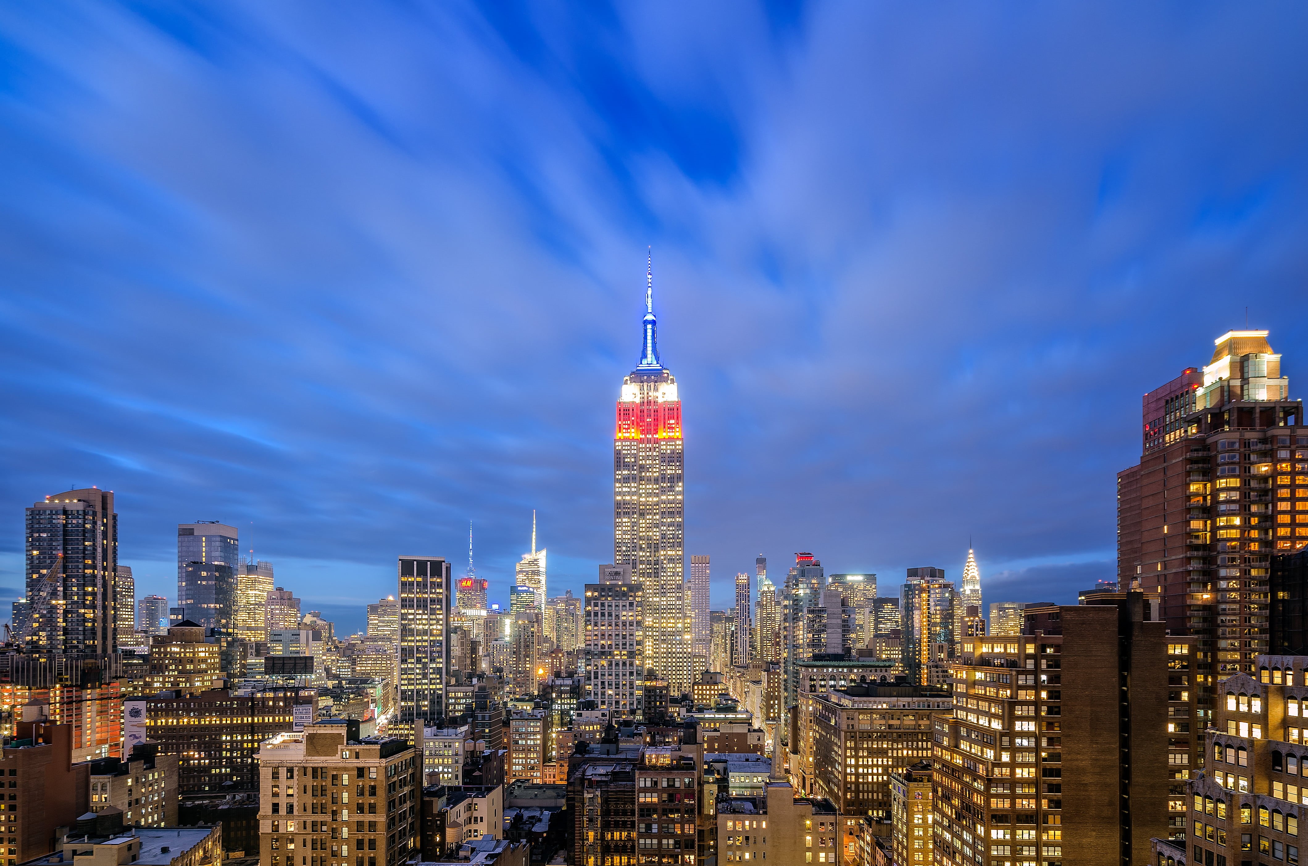 NYC  New York, New York  New York, Shallow focus, city building, downtown District, urban Scene, night, cloud, nighttime, famous Place, Empire State Building, HD Wallpaper