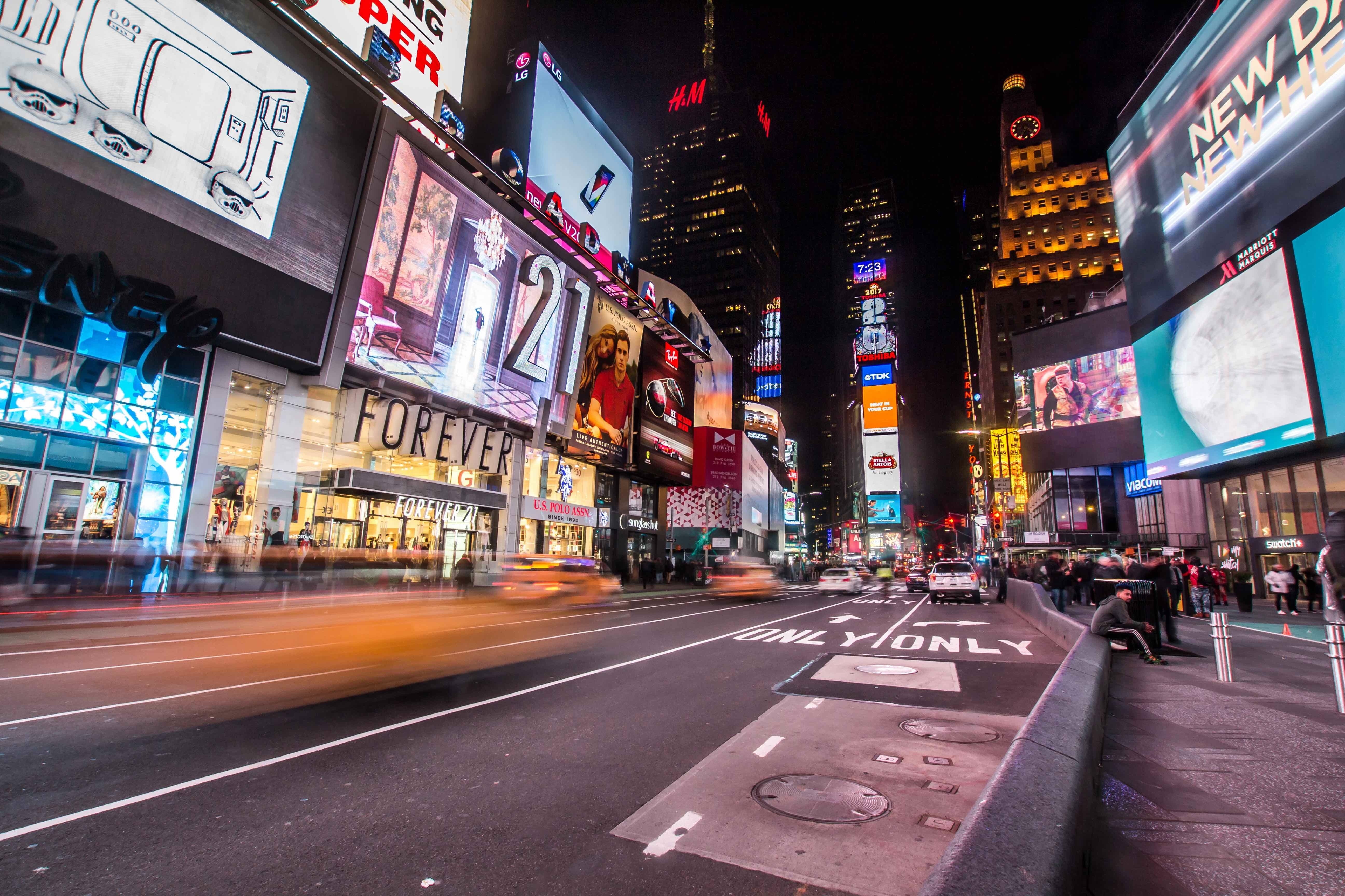 streets, mode of transportation, light, lapse, sign, 5K, cityscape, city street, city, transportation, roads, nighttime, new york, outdoors, neon, building, HD Wallpaper