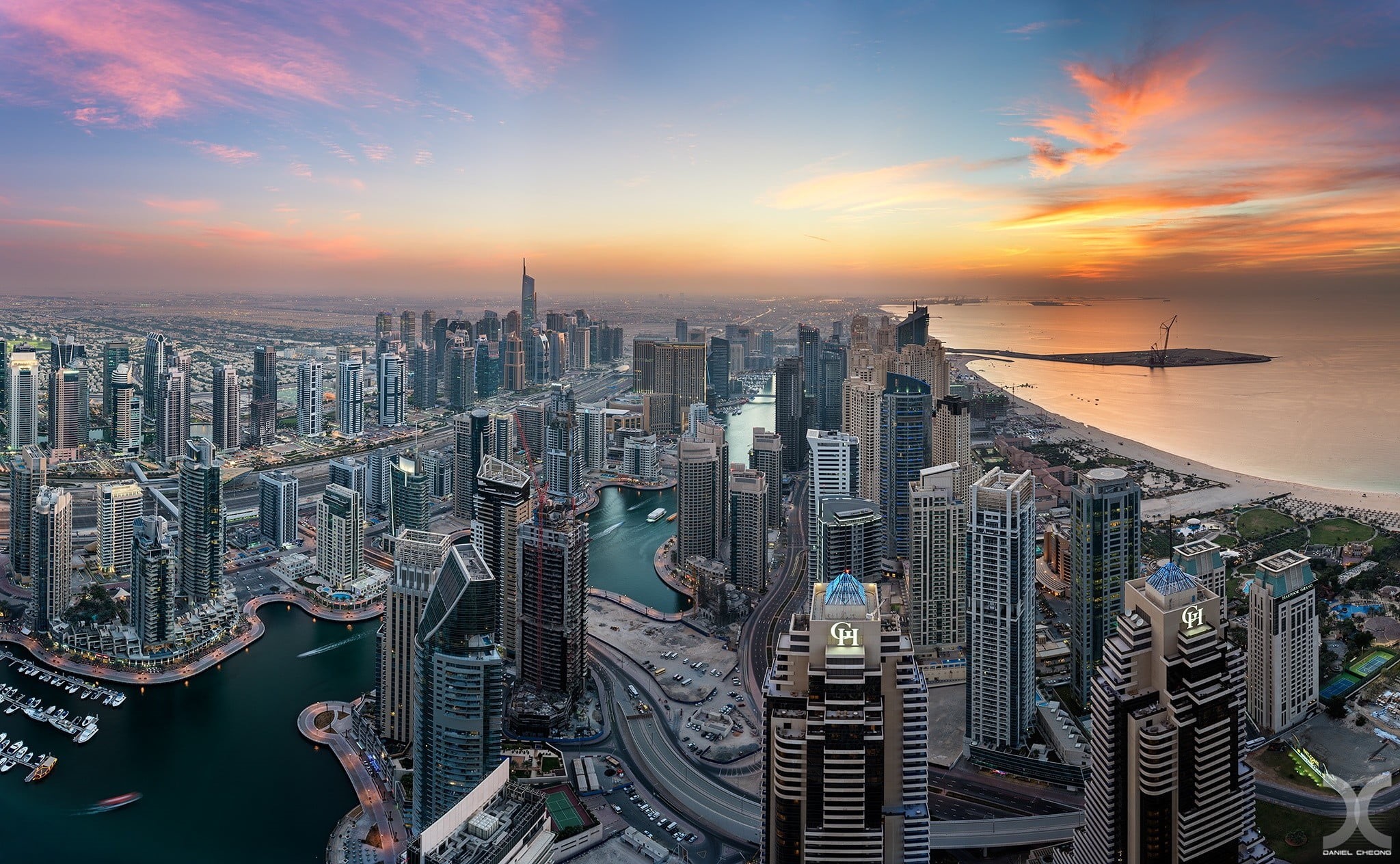landscape, no people, 1080P, nature, outdoors, Dubai, cityscape, high angle view, city, residential district, built structure, office building exterior, HD Wallpaper