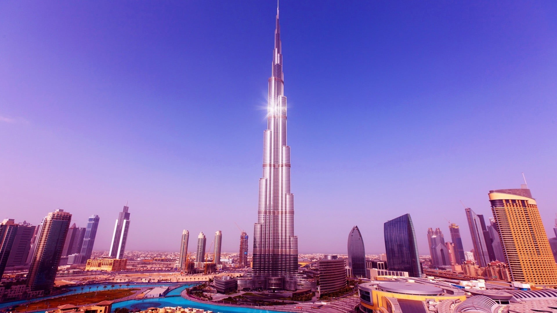 clear sky, building exterior, Dubai, financial district, modern, rise, cityscape, architecture, blue, sky, no people, Burj Khalifa, office, gray, city, HD Wallpaper