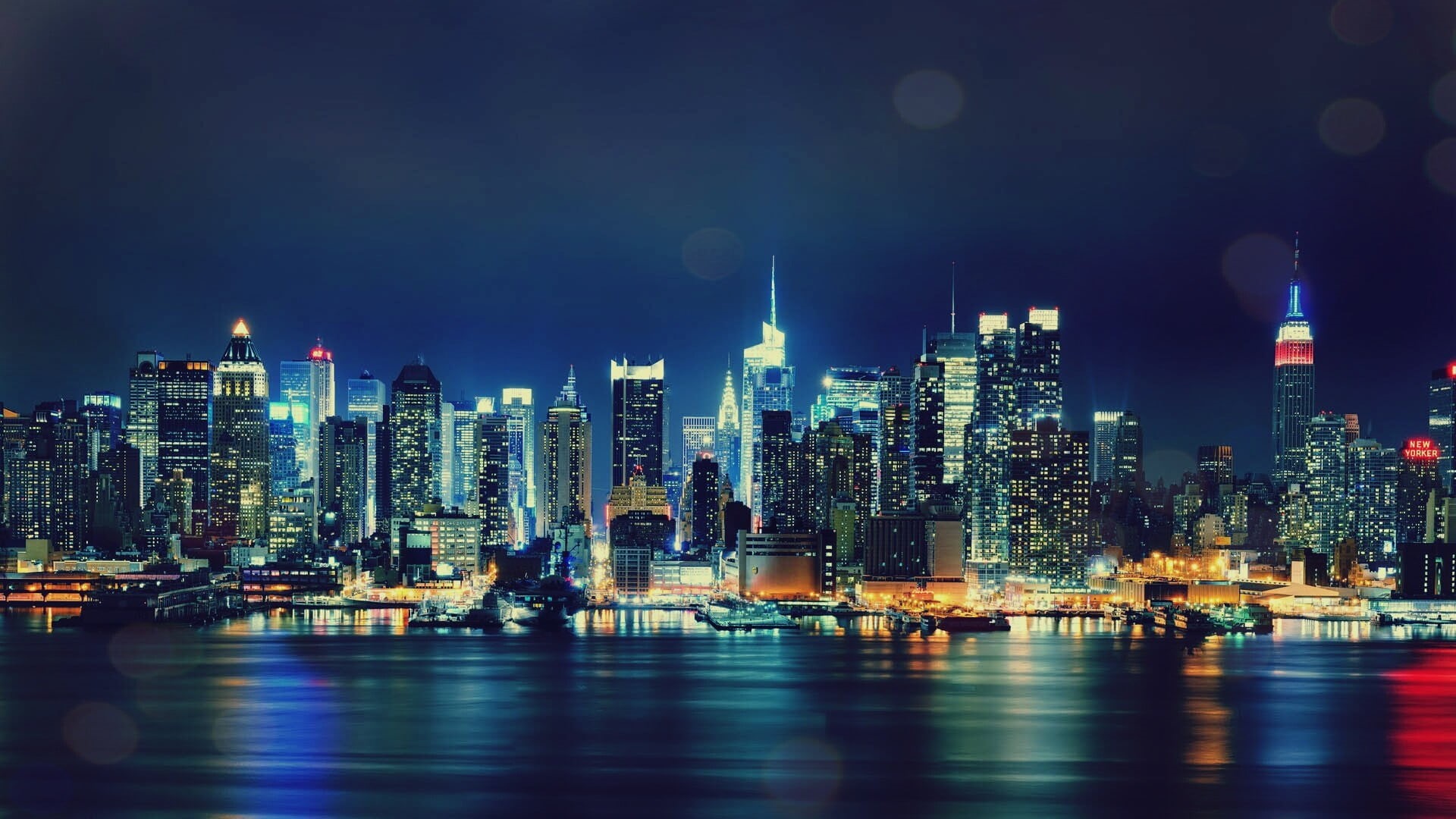 built structure, illuminated, building exterior, rise, night, digital, 1080P, cityscape, New York City, spire, urban skyline, financial district, water, HD Wallpaper