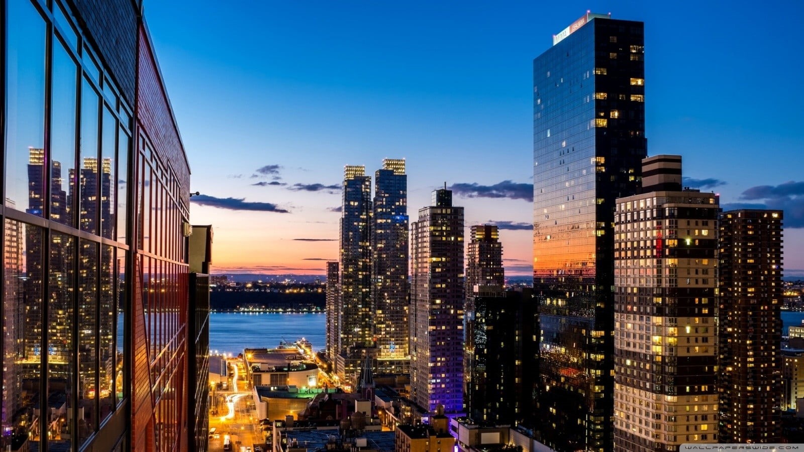 office, reflection, dusk, office building exterior, New York City, built structure, outdoors, rise, high, tower, financial district, sky, illuminated, nature, HD Wallpaper