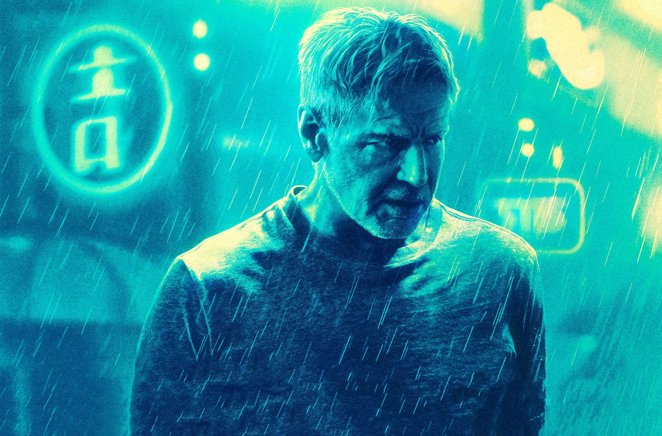 men, 2K, Blade Runner 2049, Rick Deckard, Blade Runner, Harrison Ford, movies, neon, cyan, rain, HD Wallpaper
