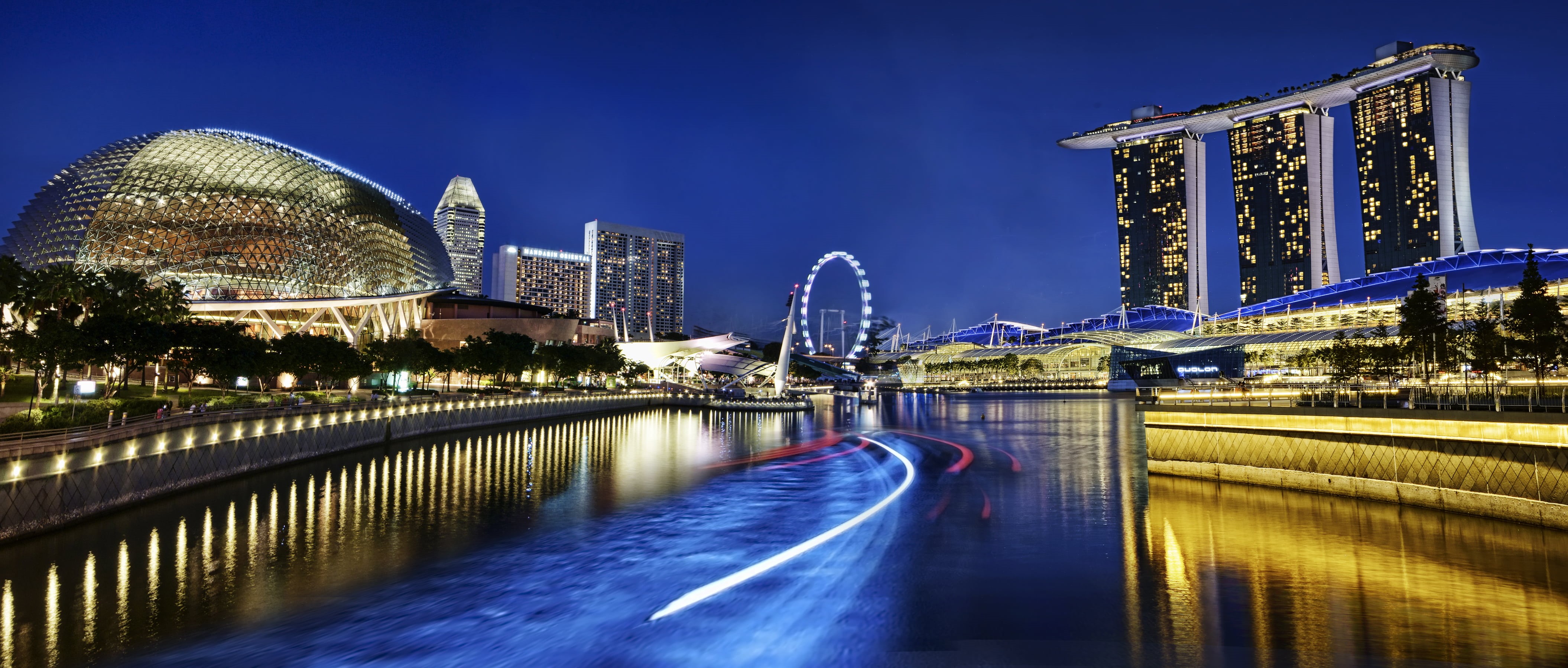 downtown District, modern, cityscape, lights, marina bay  singapore, digital, bay, illuminated, trail, singapore, esplanade, Marina Bay Singapore, sands, HD Wallpaper