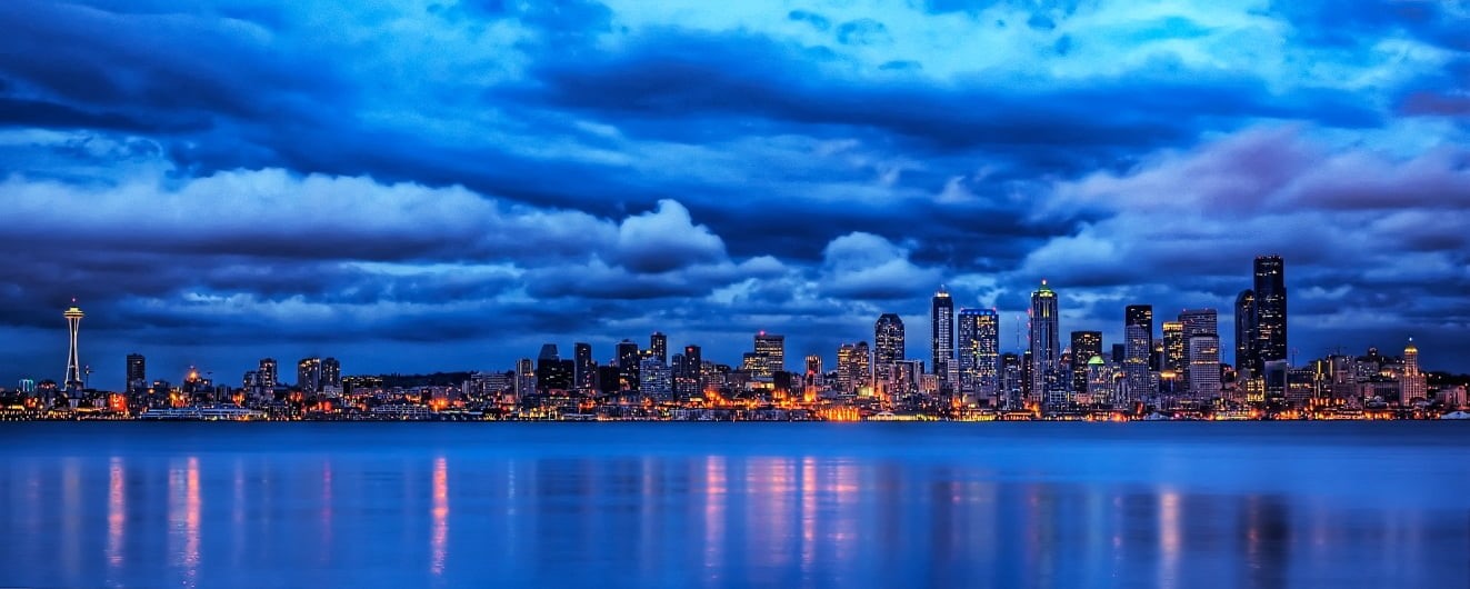 building Exterior, built Structure, cityscape, 720P, sea, high, building, rise, nighttime, downtown District, city, Line  Blue, Blue Hour, urban Skyline, HD Wallpaper