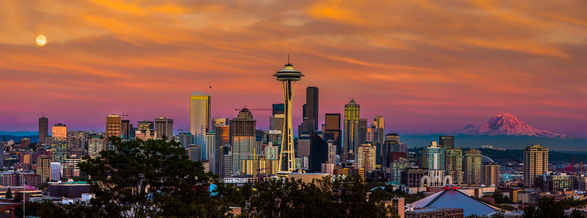 seattle  wa, dusk, super moon, seattle center, washington, tower, Golden, urban Skyline, skyline, 1080P, architecture, asia, mt ranier, city, skyscraper, HD Wallpaper