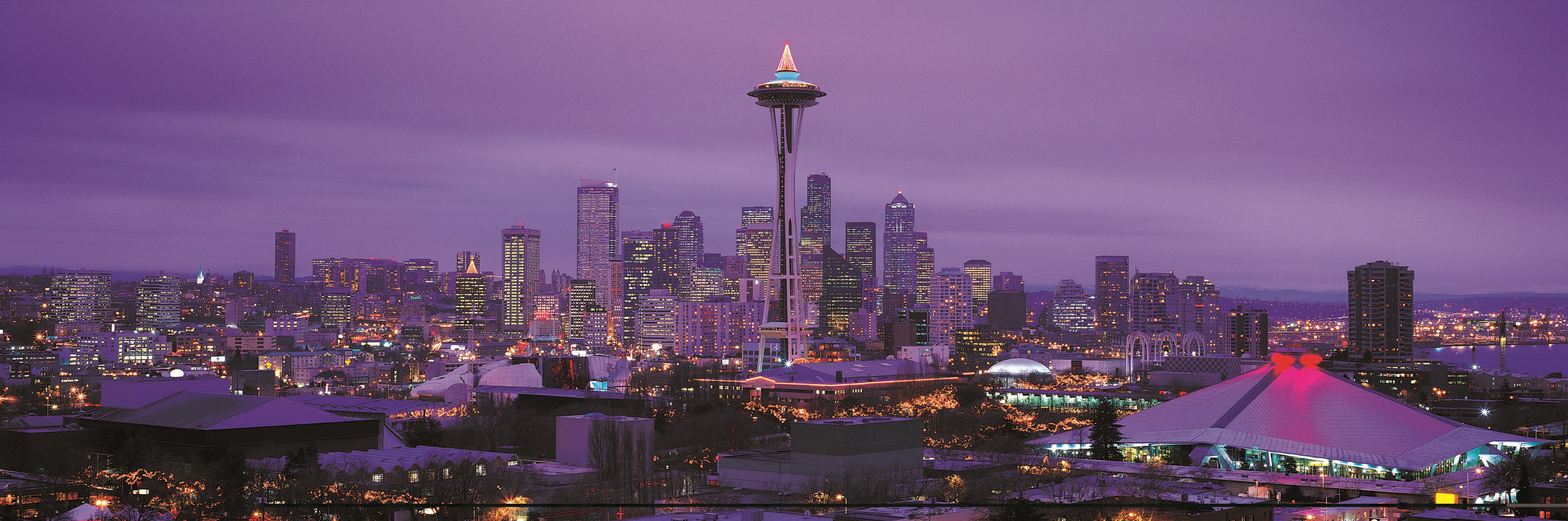downtown District, tower, space, cityscape, skyscraper, needle tower, space needle, architecture, 5K, famous Place, urban Skyline, needle, illuminated, HD Wallpaper