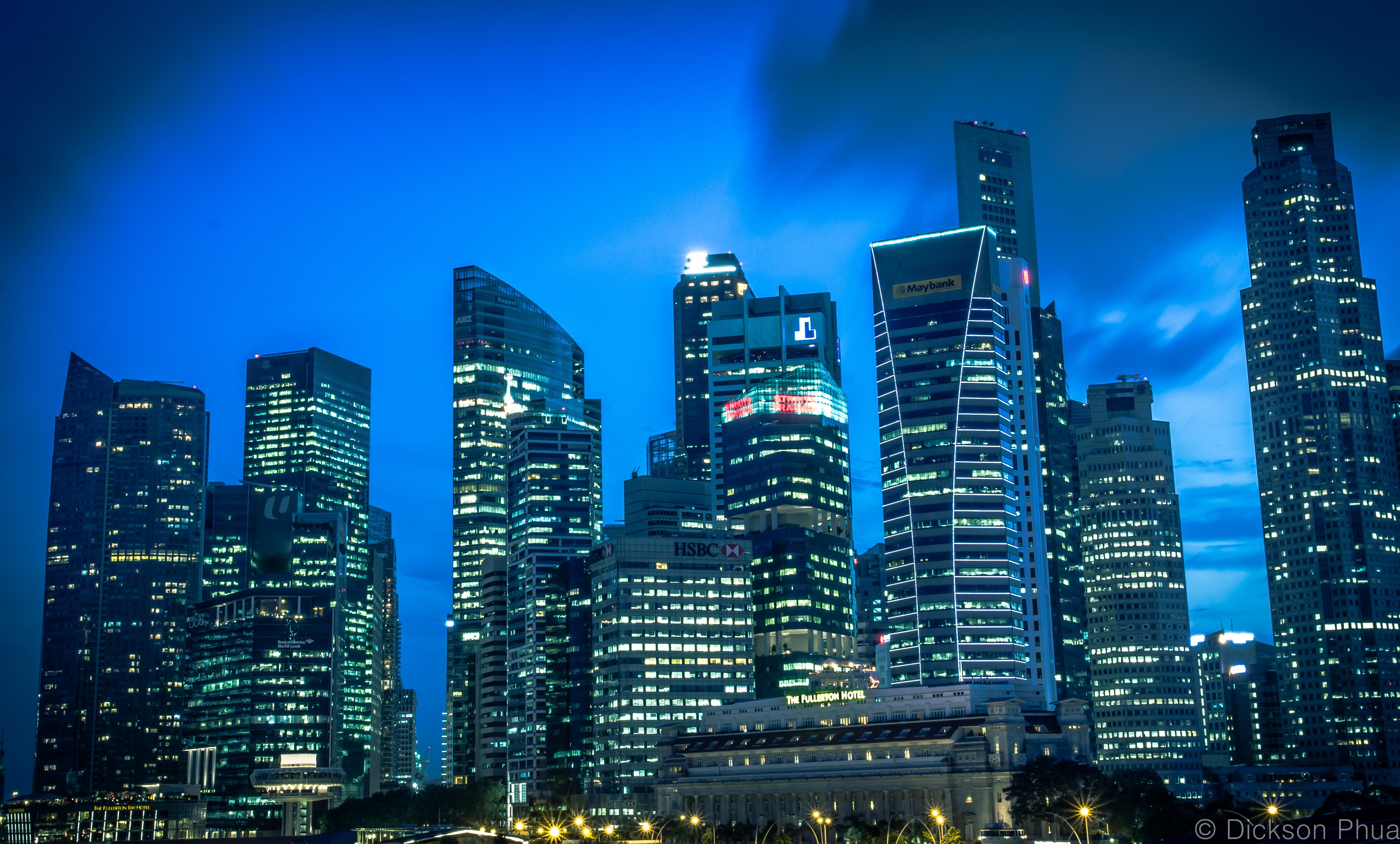 high rise building, Fullerton  Hotel, photo, sec, office Building, blue  hour, rise, outdoor, building Exterior, close  up, SOE, urban Skyline, city  area, HD Wallpaper