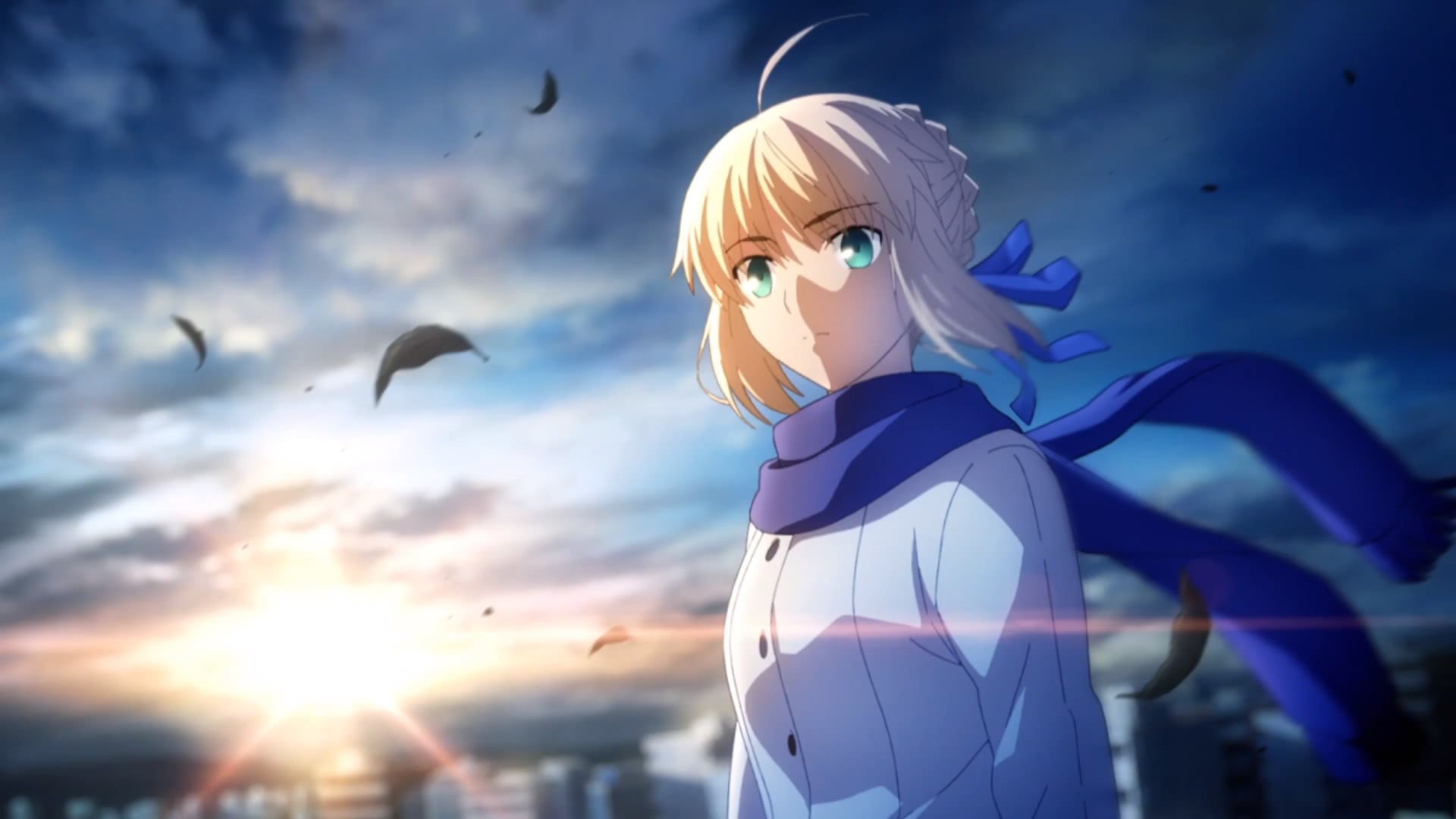 stay, blond hair, bird, sunset, saber, cloud - sky, fate, nature, outdoors, flying, blue, vertebrate, animal wildlife, night, hair, one person, waist up, HD Wallpaper