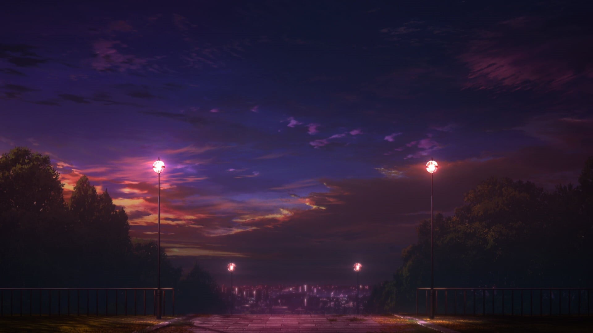 1080P, tranquil scene, railing, outdoors, sunrise, canal, illuminated, sky, plant, Fate Series, water, connection, anime, night, beauty in nature, lamps, HD Wallpaper