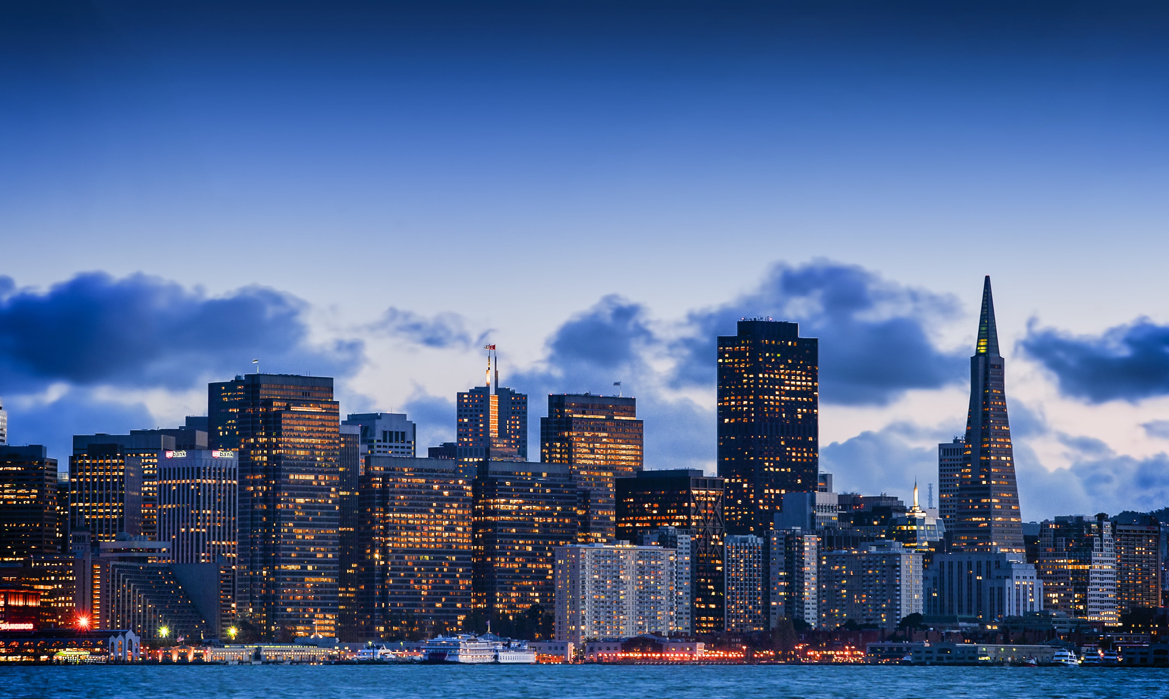 uSA, high, harbor, building Exterior, cloudy, francisco, downtown District, manhattan - New York City, built Structure, buildings, sky, urban Scene, night, HD Wallpaper