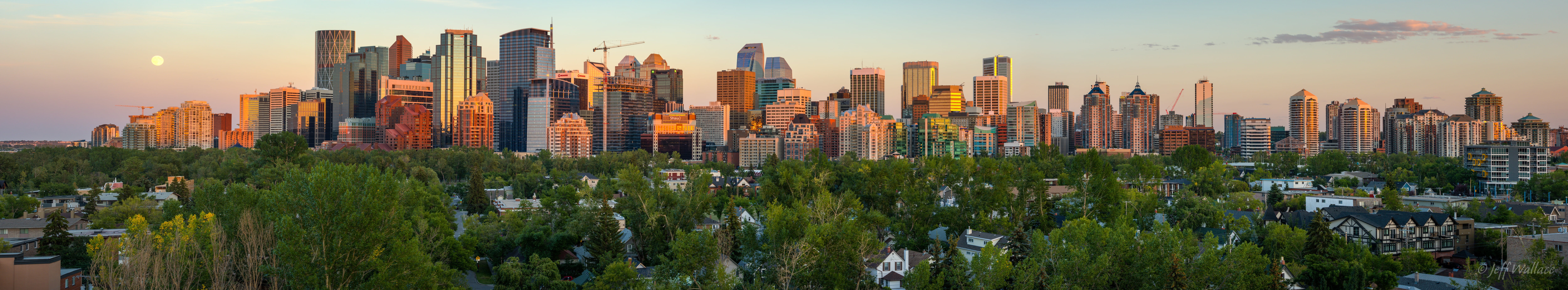 Calgary, view, pano, skyscraper, sunset, urban Scene, summer, city, downtown District, urban Skyline, cityscape, panoramic, Moon, Explored, Canada, 8K, HD Wallpaper