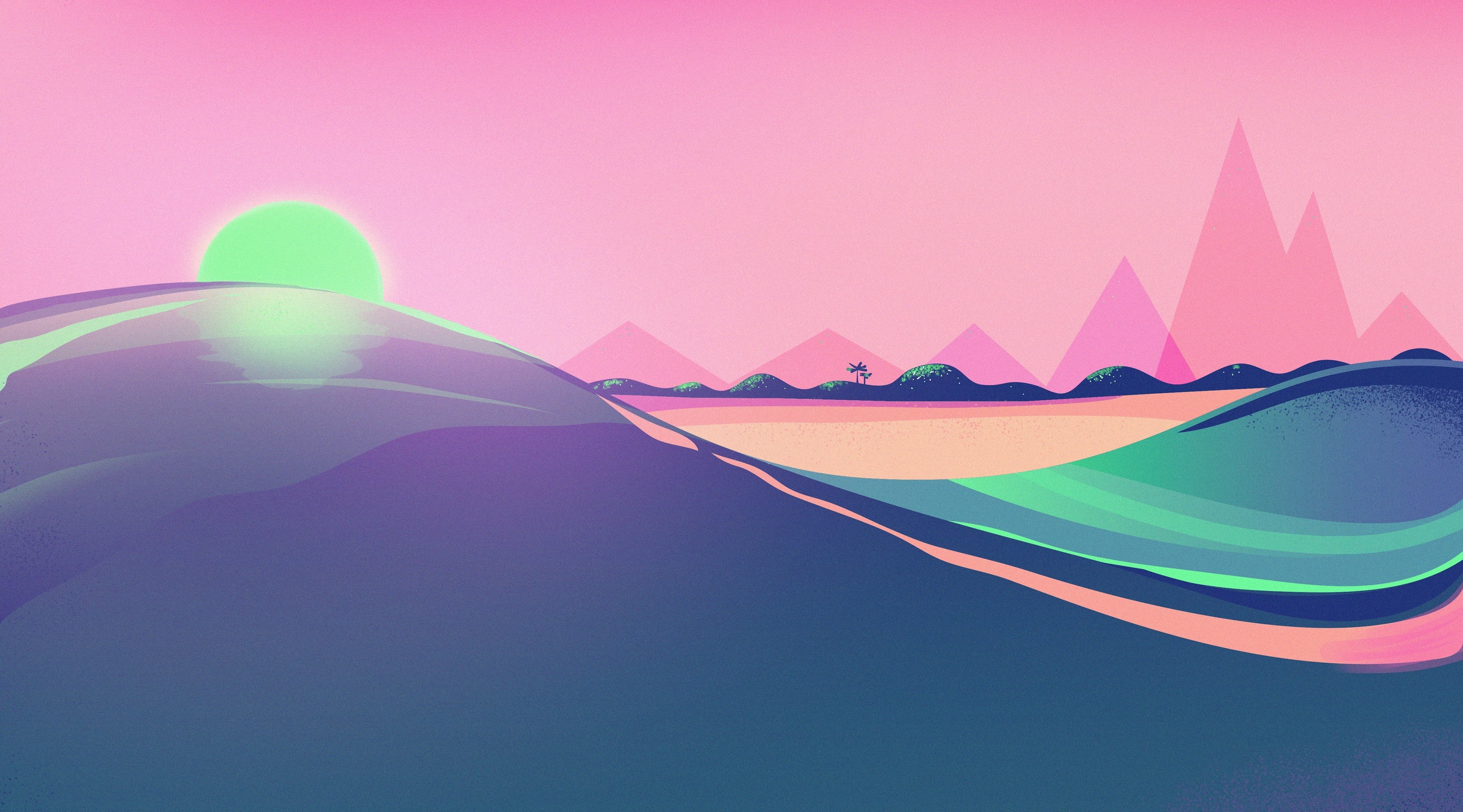 copy space, Vector Art, close-up, Mountains, blue, sunset, Waves, paper, water, creativity, no people, purple, Hills, Design, Aero, 4K, sky, Landscape, HD Wallpaper