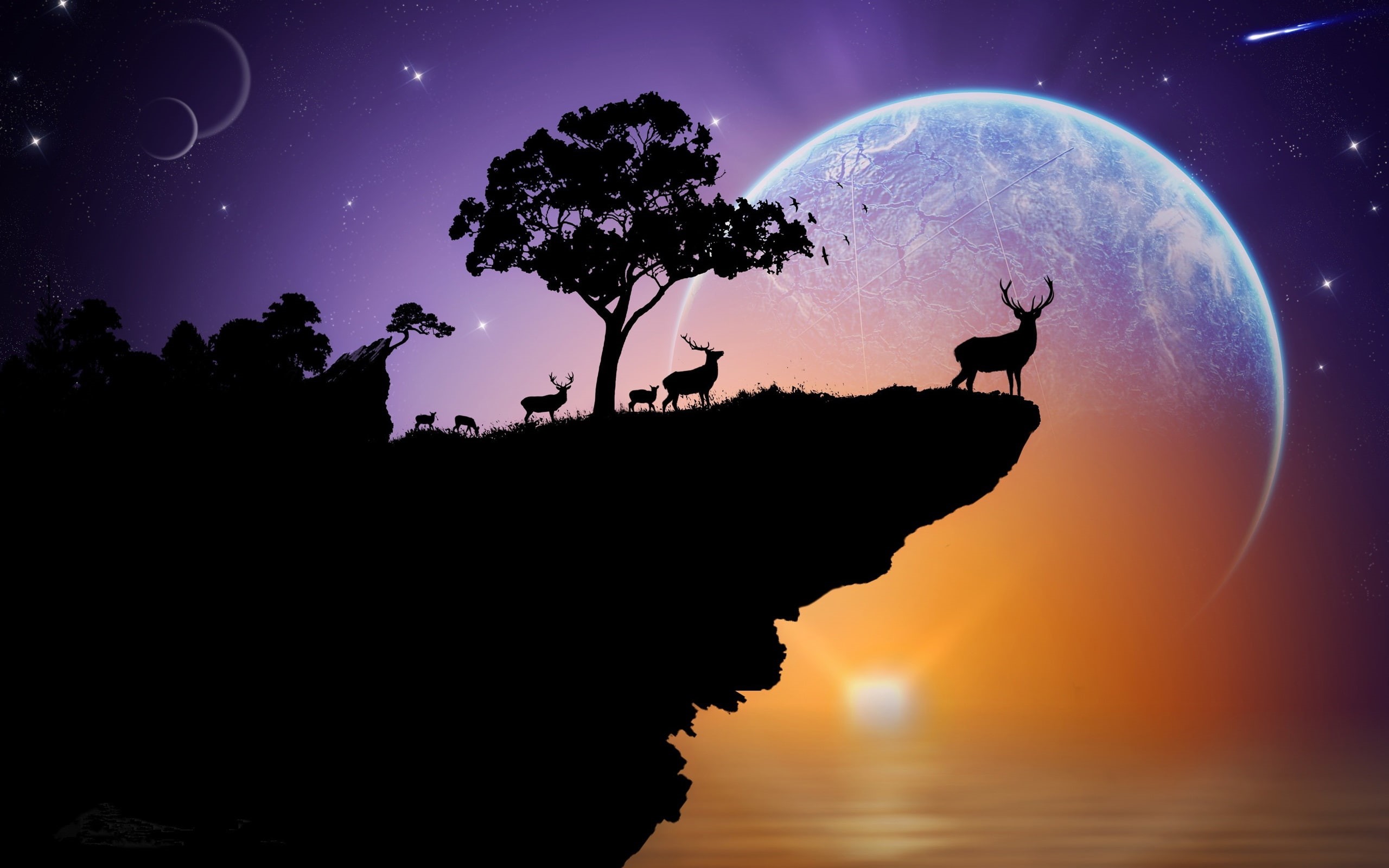 Trees, Deer, Creative, Stars, Rock, Sunset, photo, group, Sky, Planet, moon, formation, full, Silhouette, 2K, HD Wallpaper