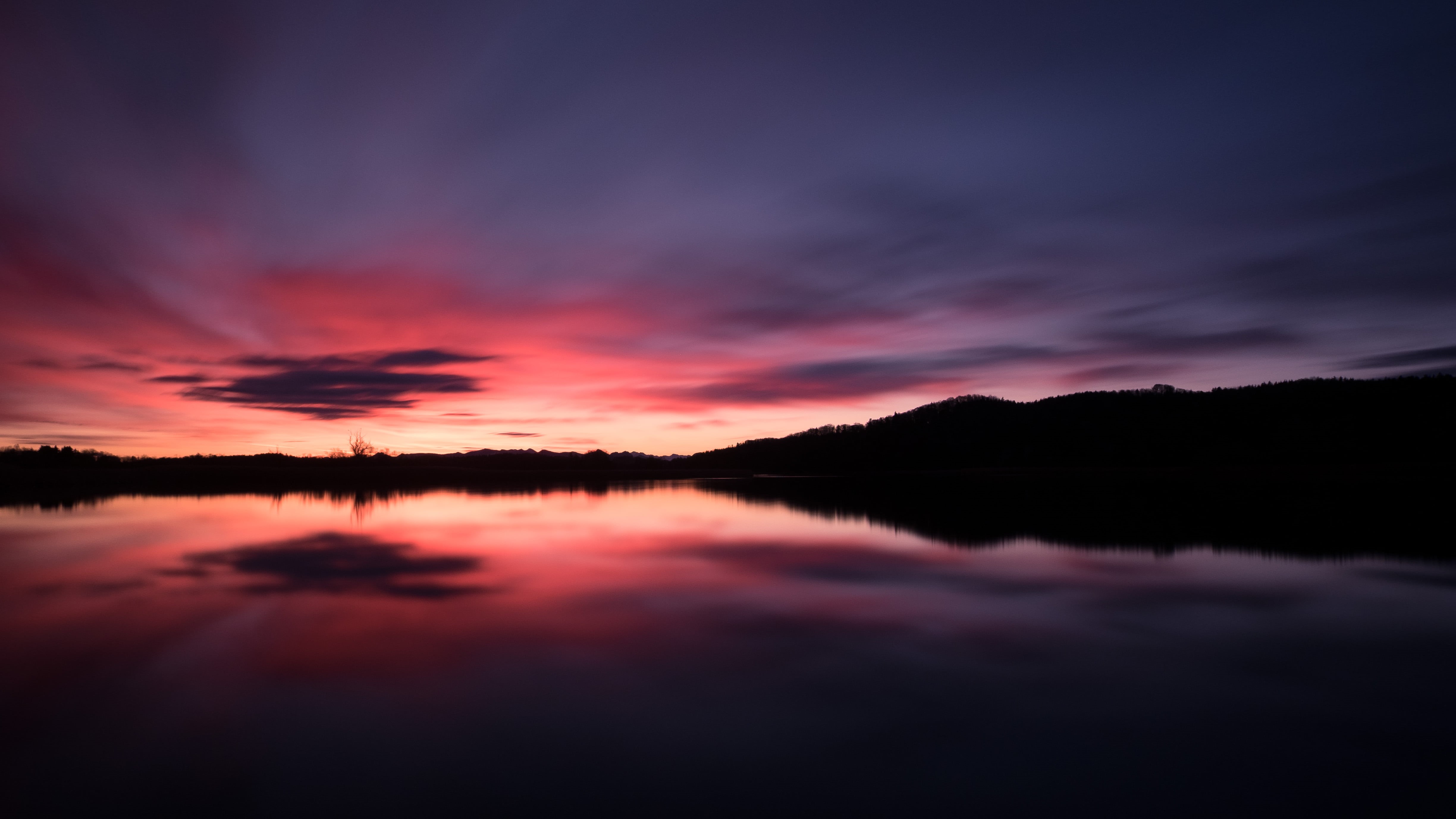 beauty In Nature, Seehamer See, tranquil Scene, nature, silhouette, sky, Fuji, dusk, sunset, lake, outdoors, 4K, Fujifilm, body of water, golden hour, HD Wallpaper
