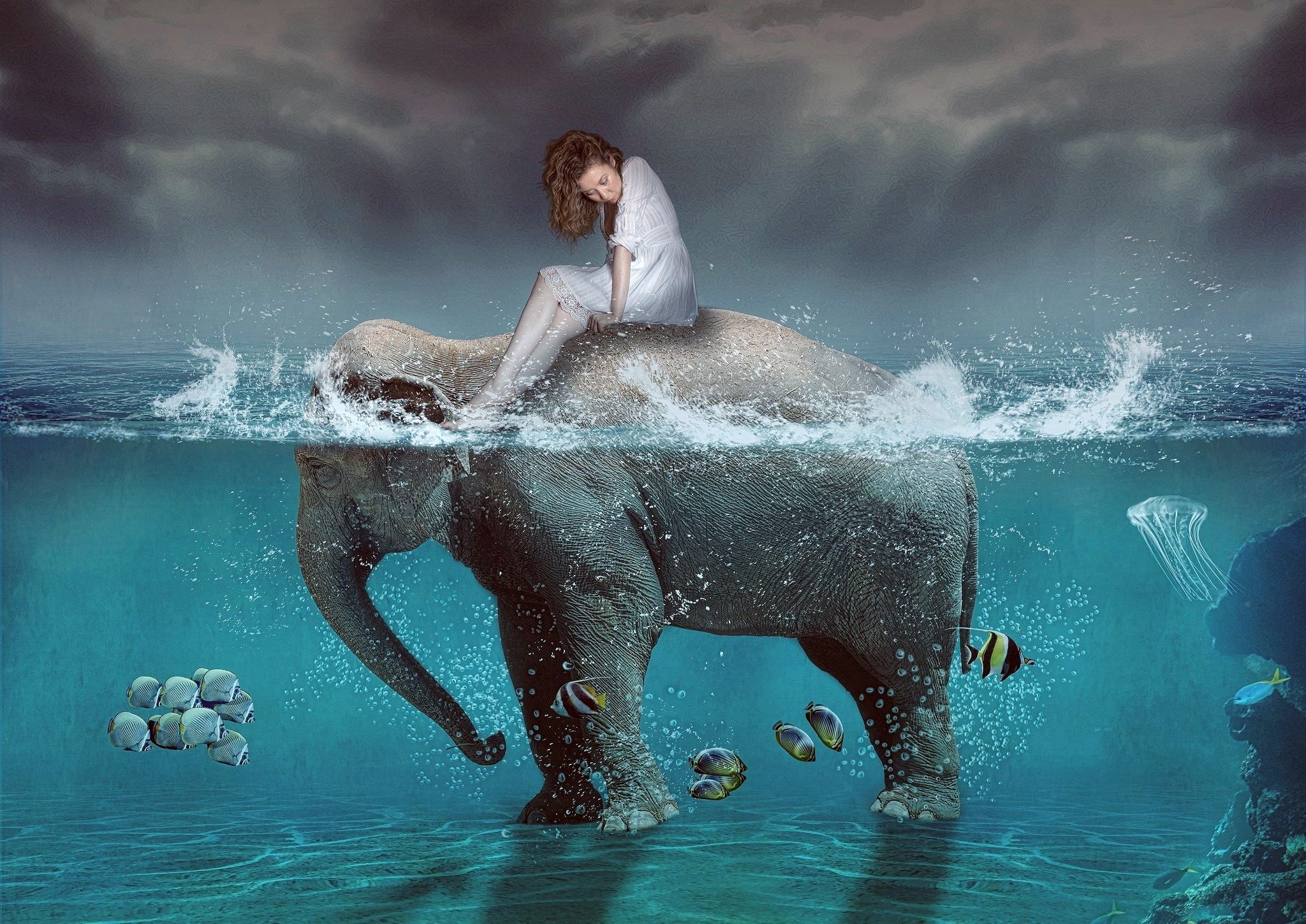 artwork, full length, underwater diving, outdoors, one person, women, 1080P, underwater, digital, young adult, digital composite, bizarre, elephant, sea, HD Wallpaper