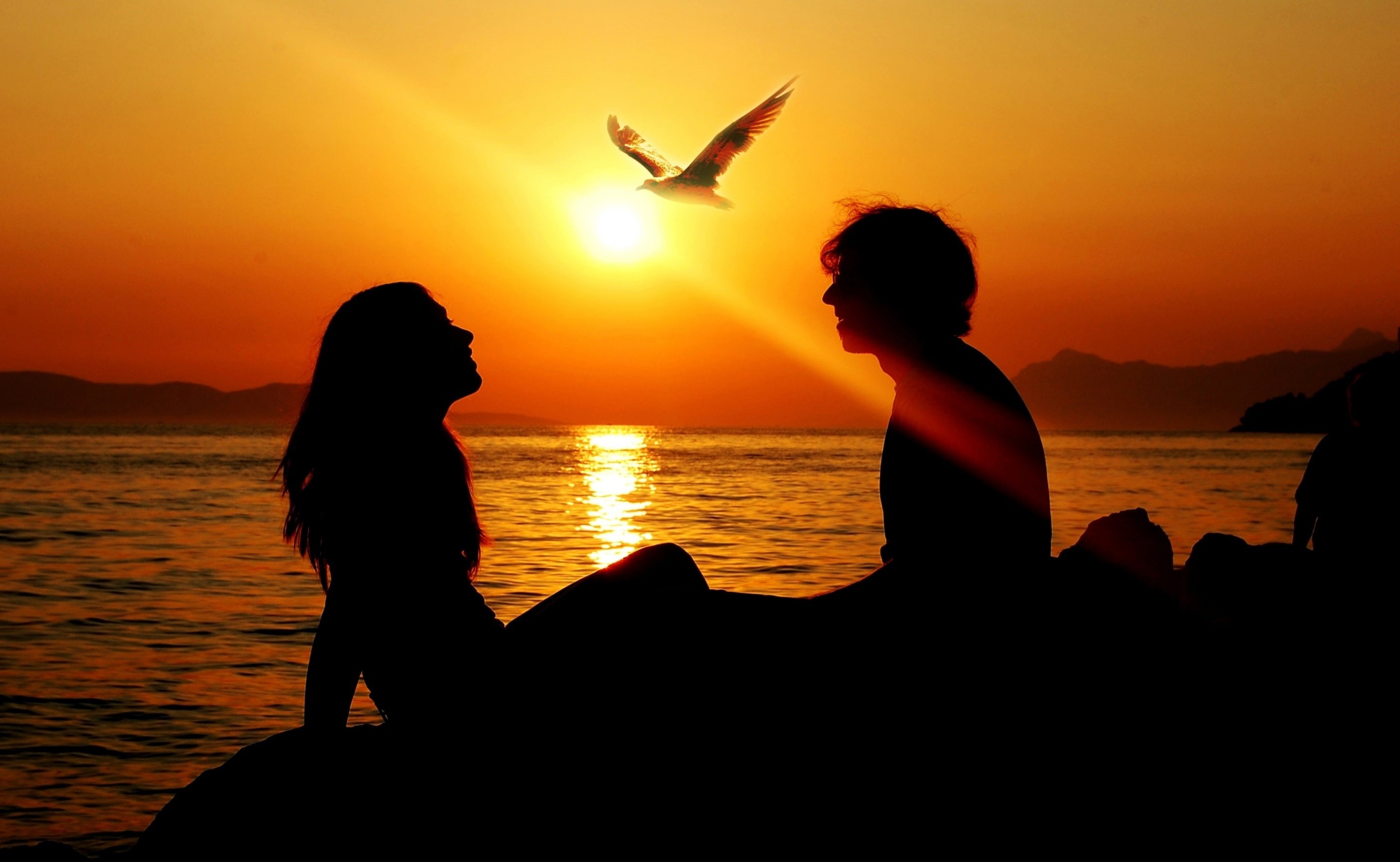 nature, Couple, sea, sitting, Lovers, Love, togetherness, leisure activity, lifestyles, Background, Sunset, real people, orange color, sky, man, woman, HD Wallpaper