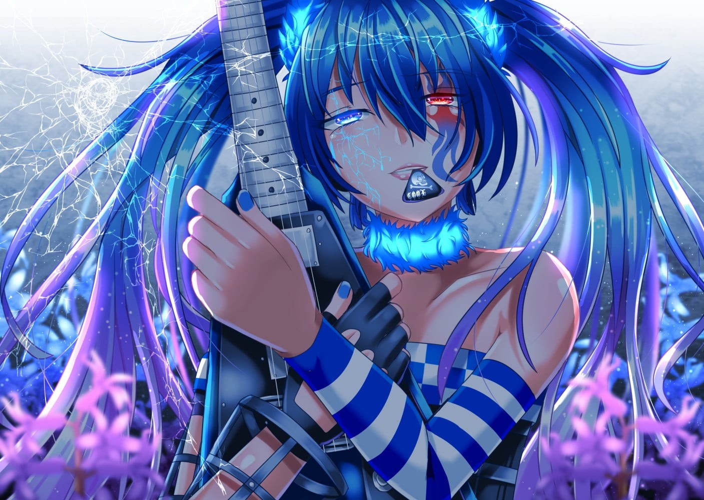 multi colored, character, 720P, futuristic, lighting equipment, pattern, long hair, amusement park, celebration, blue, heterochromia, indoors, HD Wallpaper