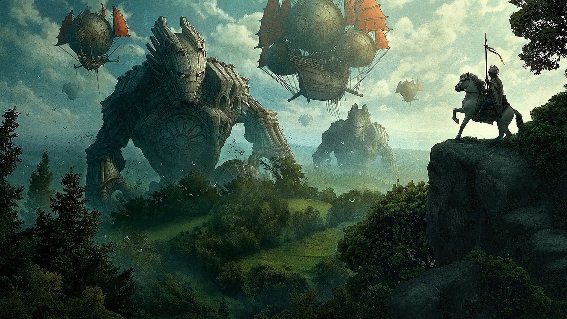 fantasy art, human representation, giant, plant, knight, statue, creature, gray, water, tree, digital composite, art and craft, craft, no people, HD Wallpaper