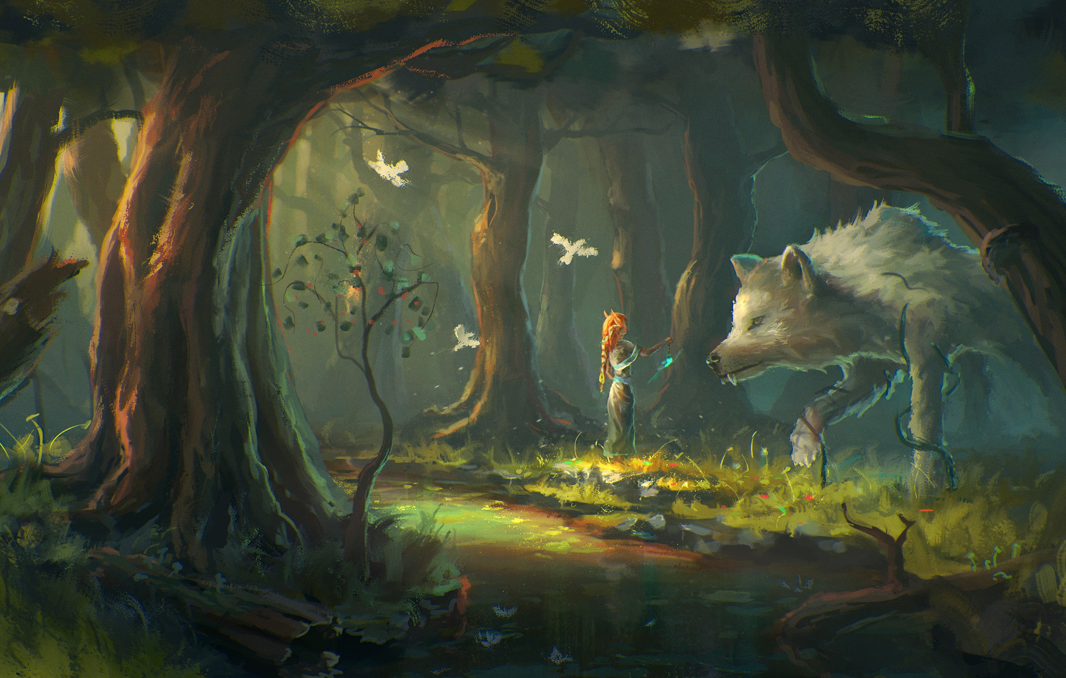 forest, 2K, wolf, fantasy art, painting, woman, HD Wallpaper