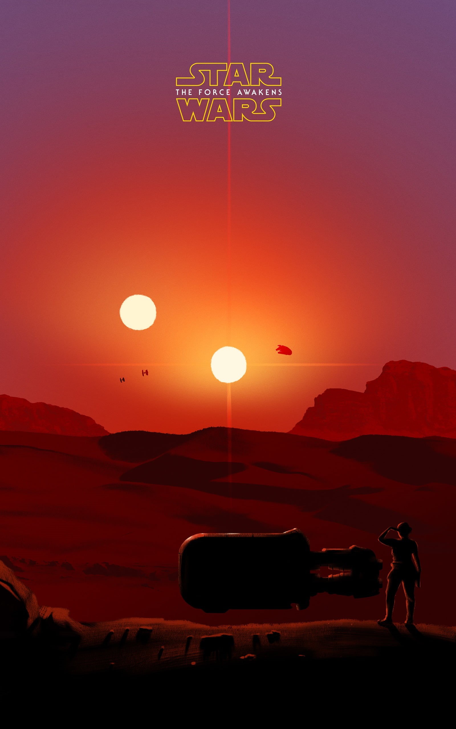 awakens, sunset, transportation, minimalism, outdoors, motor vehicle, land, shadow, silhouette, landscape, TIE Fighter, sky, travel, nature, Phone HD Wallpaper