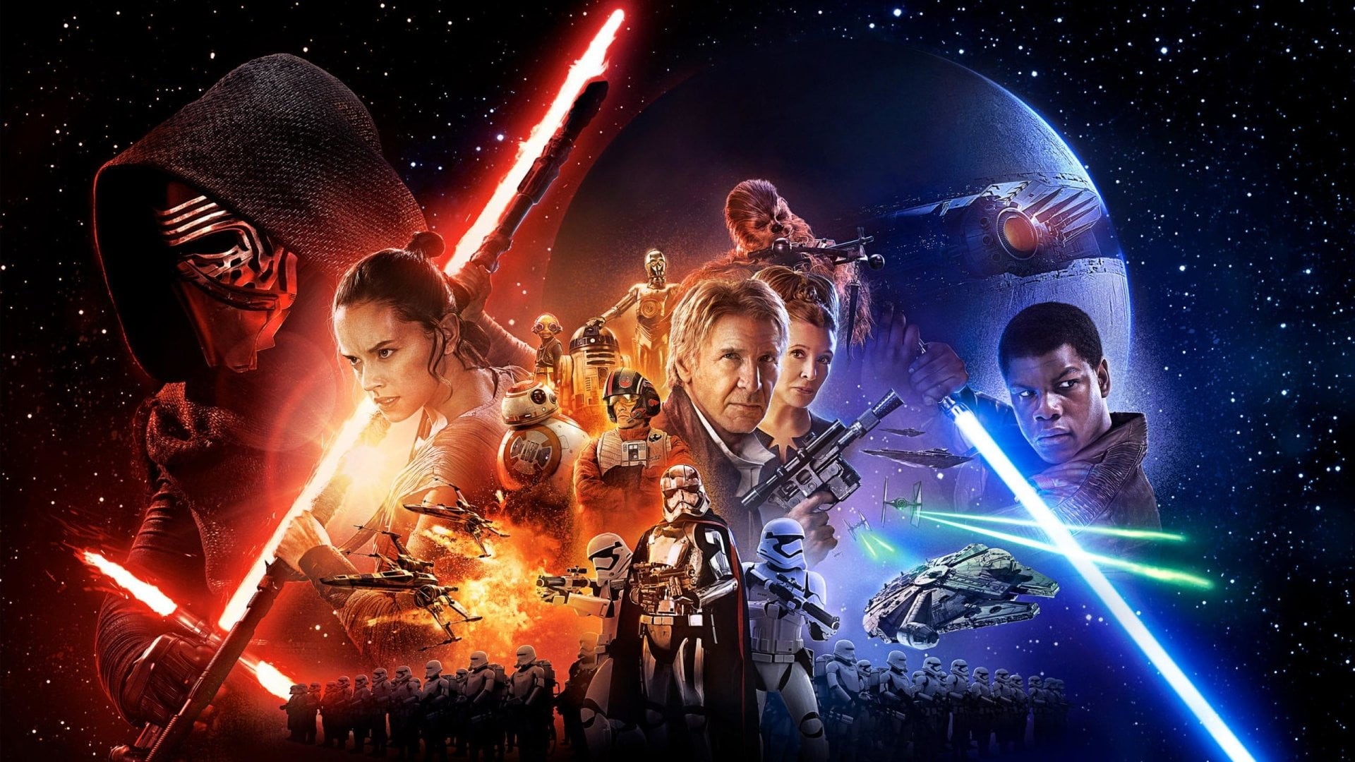nightlife, Han Solo, cheerful, motion, fun, friendship, Lightsaber, young Adult, digital, smiling, Poe Dameron, lifestyles, Rey (Star Wars), BB-8, fire - Natural Phenomenon, HD Wallpaper