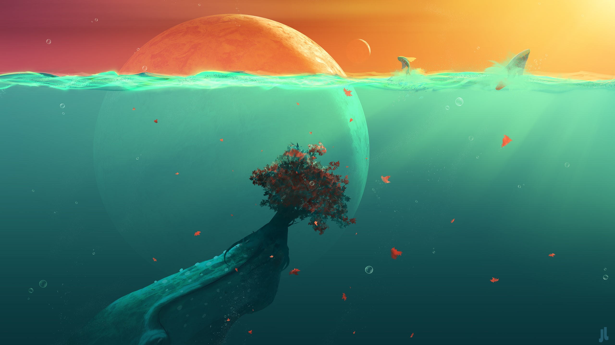2K, whale, animals, sunset, artwork, JoeyJazz, fish, underwater, sunlight, sea, bubbles, planet, fantasy art, leaves, HD Wallpaper