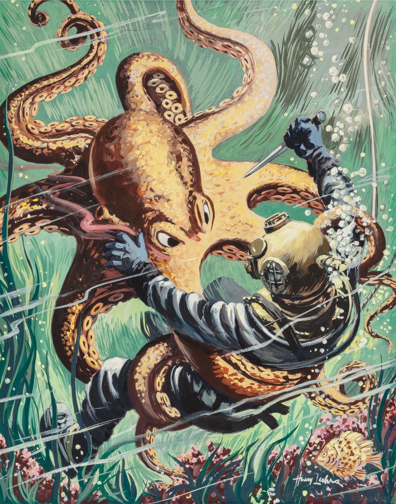 octopus, male likeness, turquoise colored, full frame, digital art, no people, backgrounds, pattern, multi colored, fish, water, female likeness, divers, Phone HD Wallpaper