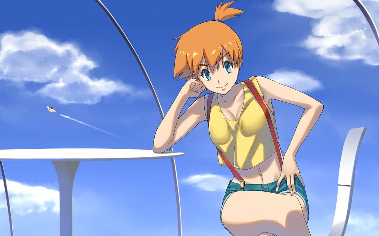 yellow, character, representation, activity, top, 720P, Misty, sky, blue, low angle view, wearing, girl, anime, day, lifestyles, no people, holiday, Pokemon First Generation, HD Wallpaper