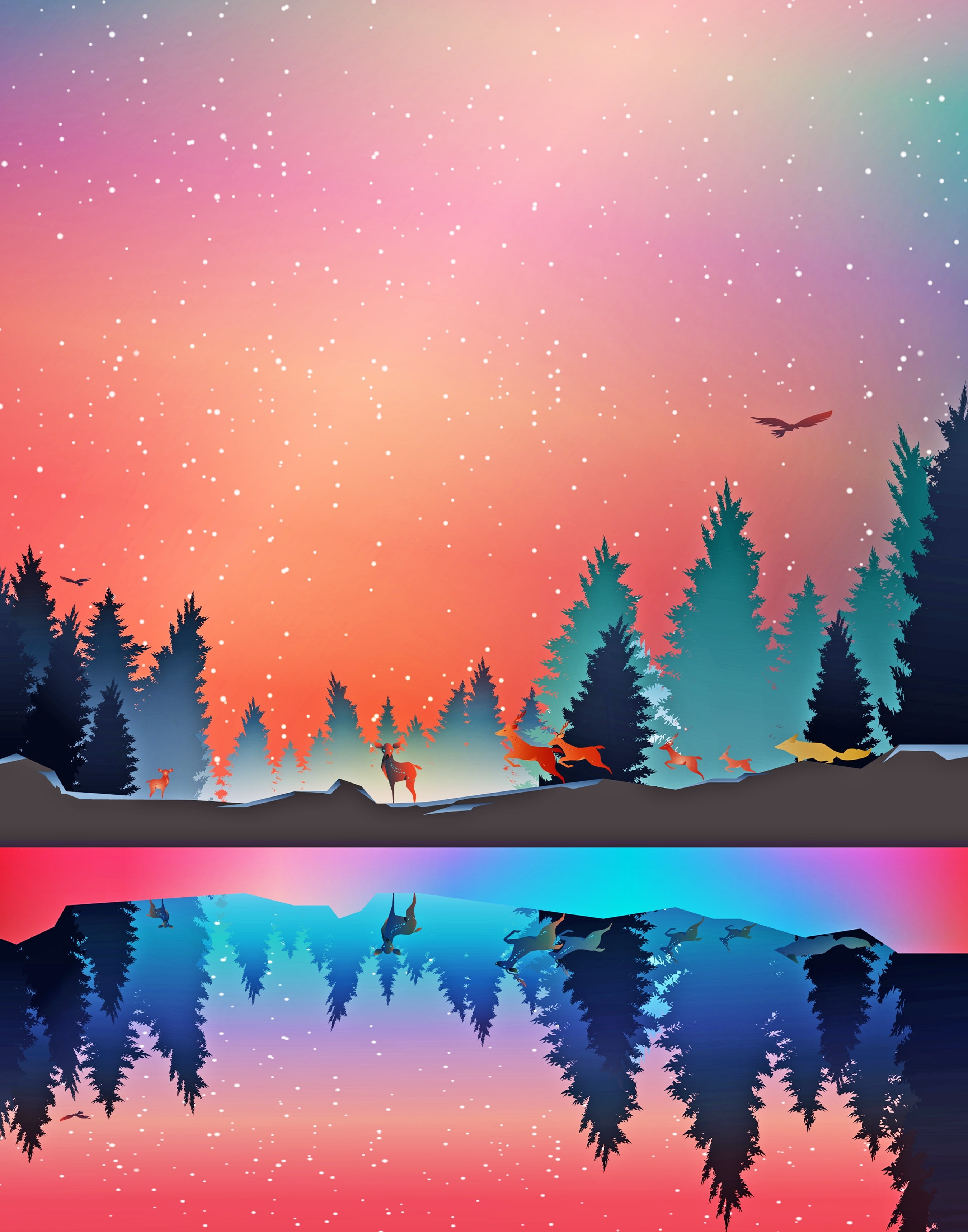 animals, forest, art, winter, vector, 2K, reflection, Phone HD Wallpaper