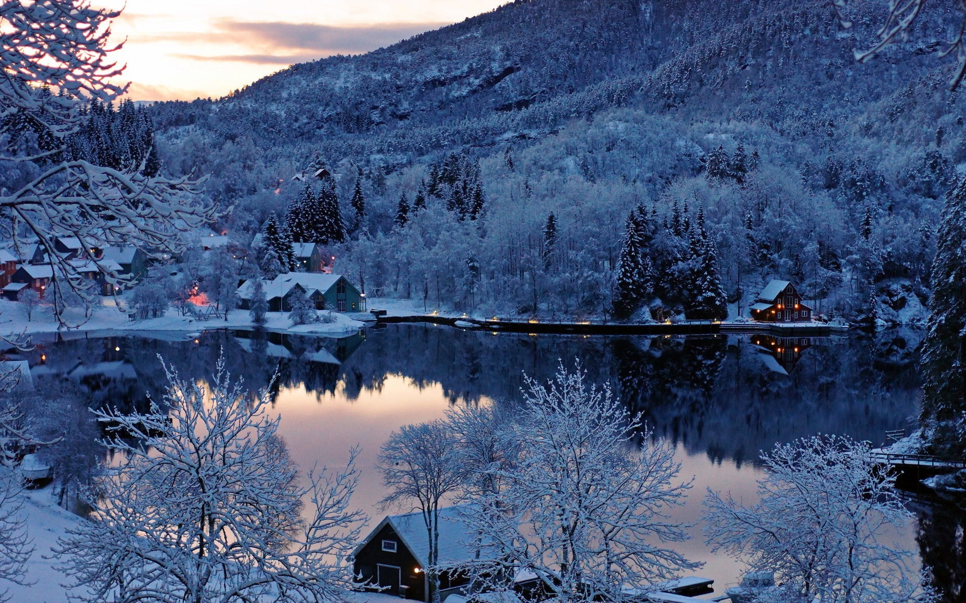winter, snow, near, 1080P, covered, nature, forest, trees, hd, house, lake, reflection, HD Wallpaper