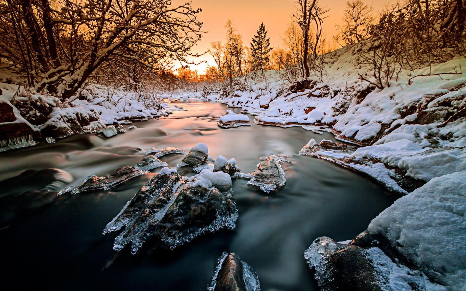 Ice, Trees, 1080P, Snow, Norway, Forest, Sunset, Winter, River, HD Wallpaper