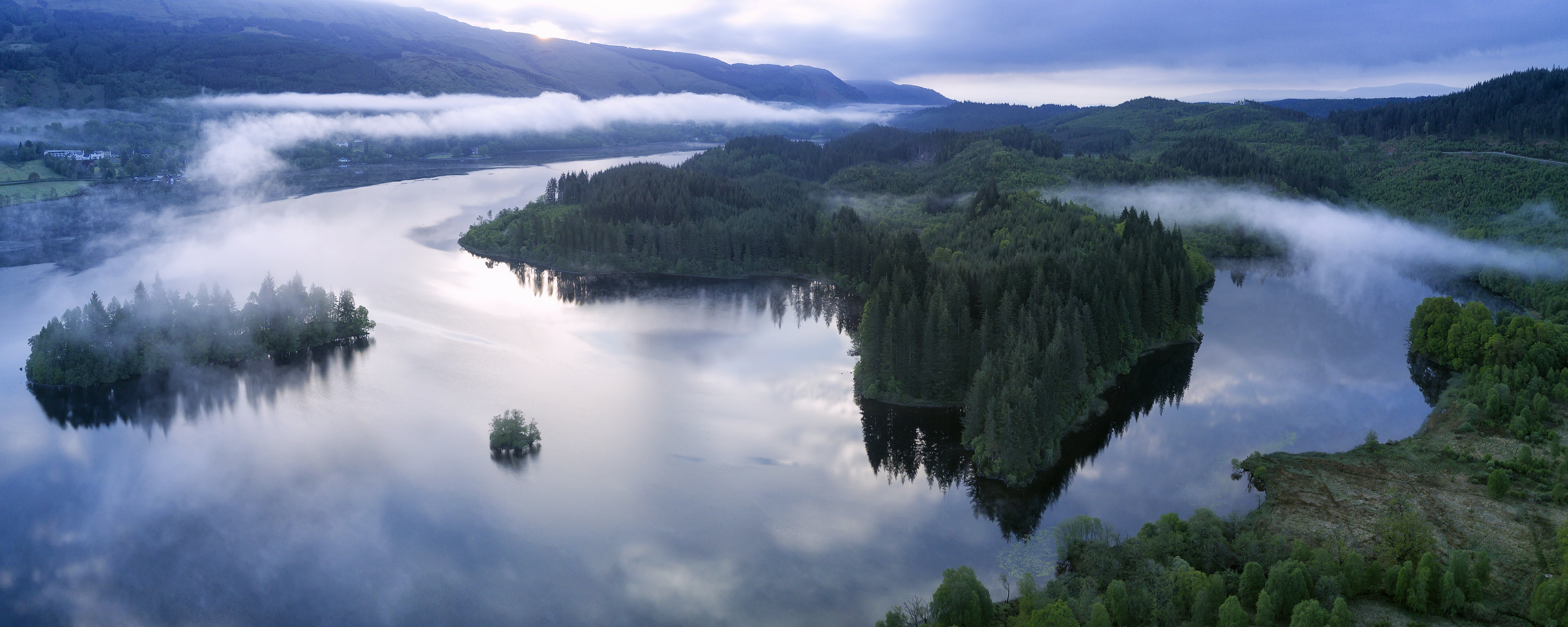 Loch Ard, Trossachs, nature, 8K, green, beside, forest, Mist, scenics, photo, aerial, National Park, water, mountain, Morning, outdoors, body of water, HD Wallpaper