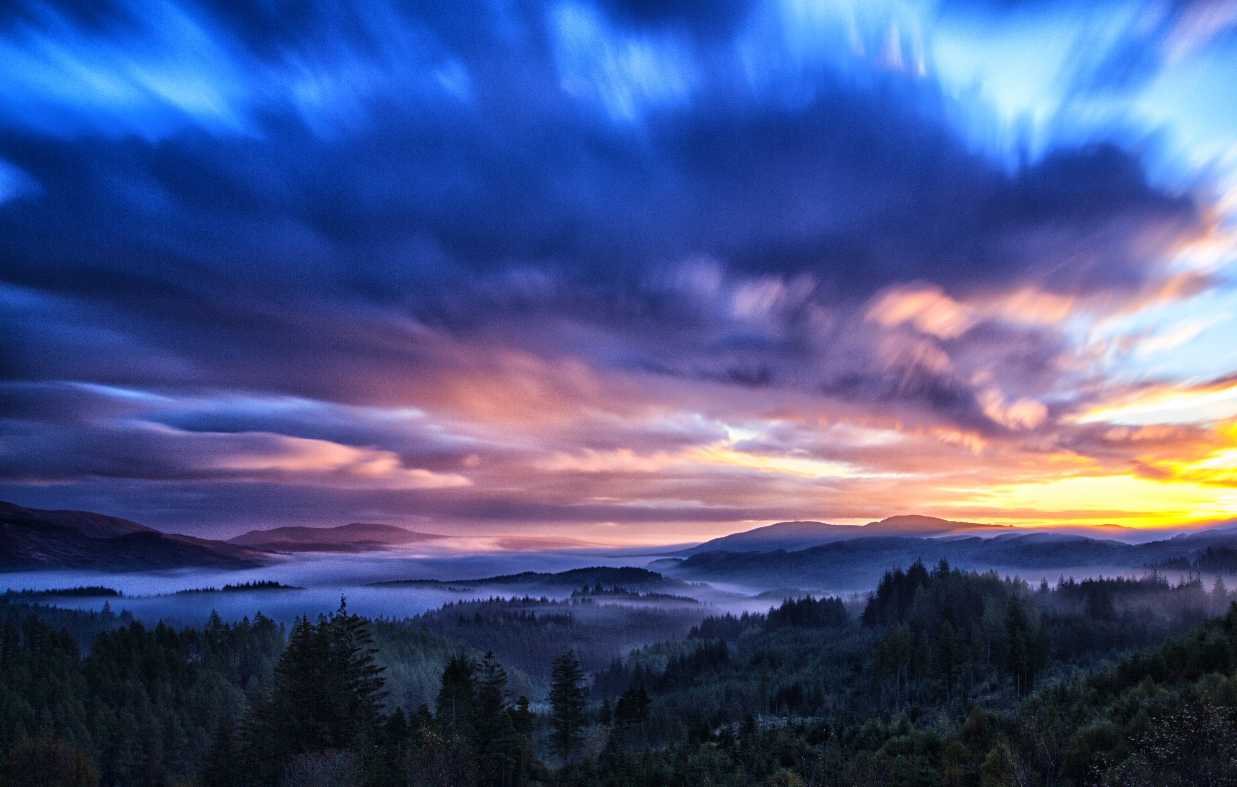 outdoors, autumn  mist, cloud - Sky, mountain, morning, landscape, dusk, sunset, sky, peaceful, nature, mountains, 4K, blue, sunrise - Dawn, Oct, Sunrise, HD Wallpaper