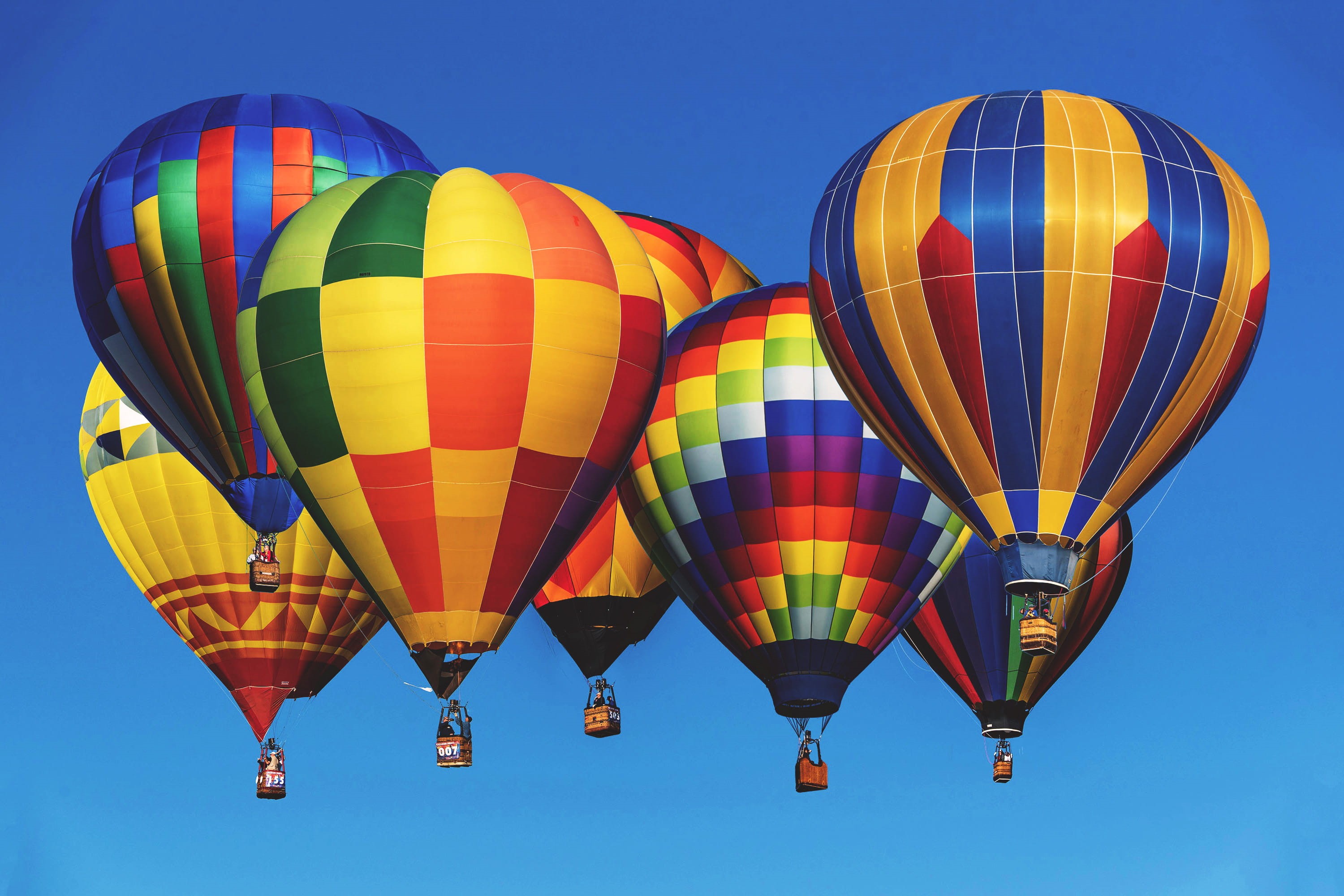 air Vehicle, blue sky, travel, hot, recreational Pursuit, pattern, balloons, ballooning festival, outdoors, various, day, nature, basket, 2K, flying, blue, HD Wallpaper