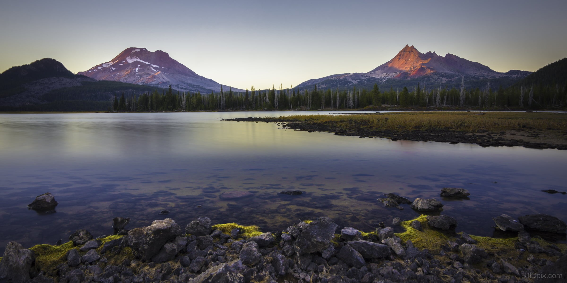 panoramic photography, sunset, photography, south  sister, sky, beauty In Nature, water, reflection, outdoors, nature, mountain, lake, trees, landscape, HD Wallpaper