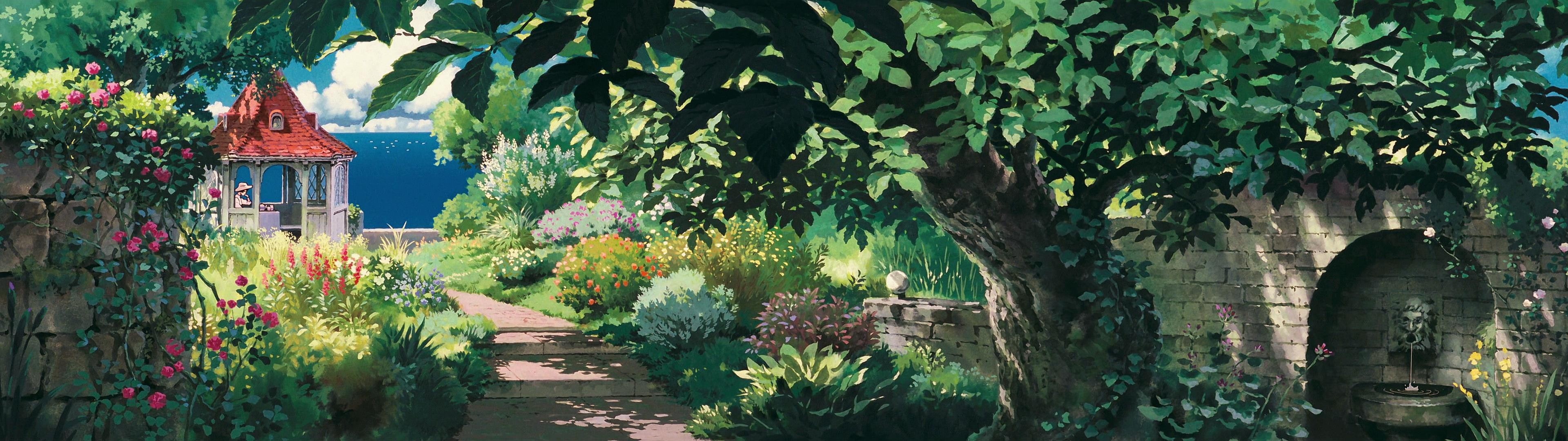 path, Studio Ghibli, 4K, garden, gazebo, multiple display, Porco Rosso, HD Wallpaper