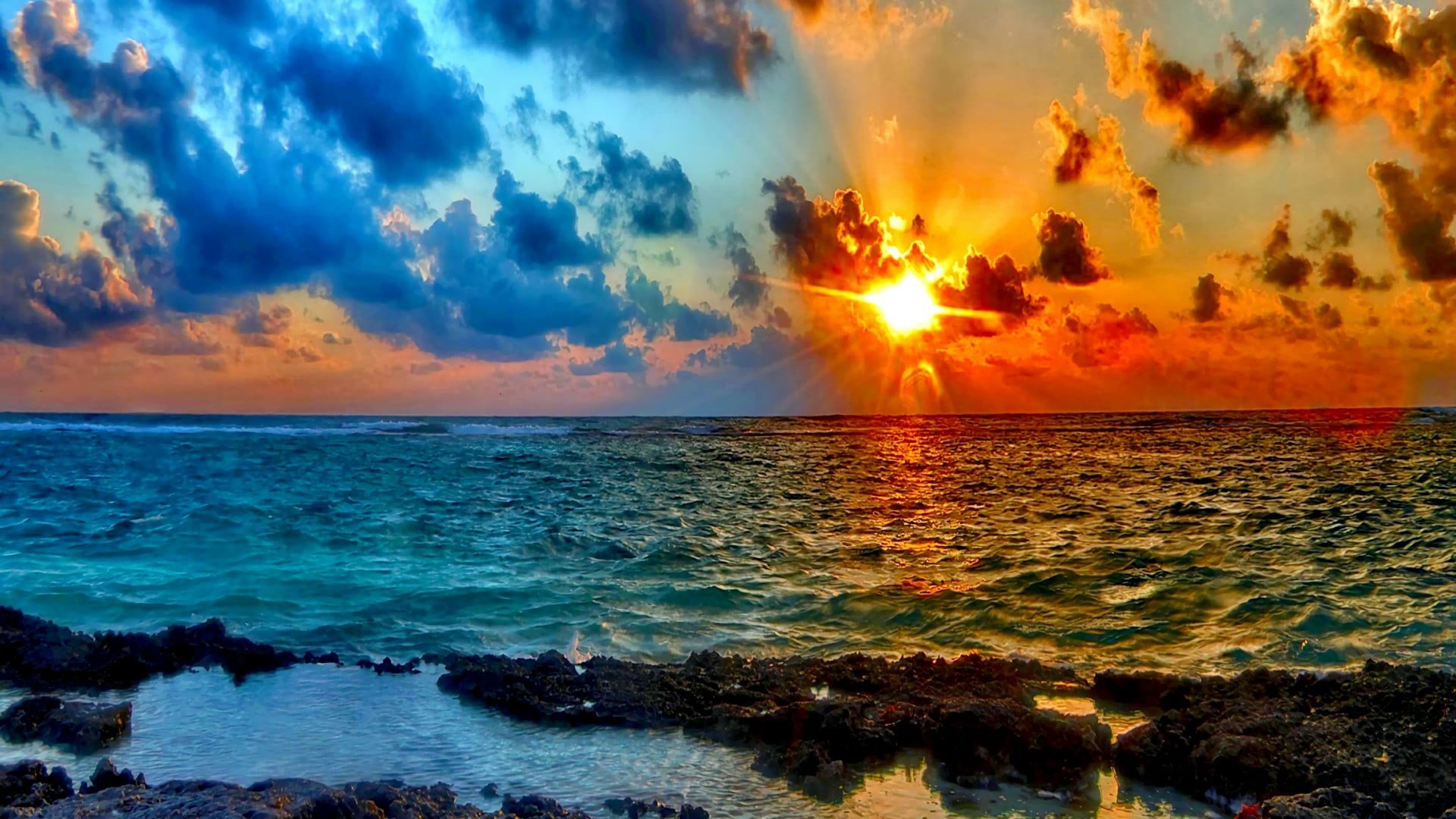 sunlight, sunset, land, orange color, outdoors, shore, cloud, cloud - sky, horizon over water, sky, wave, tranquil scene, 1080P, beach, water, beauty in nature, HD Wallpaper