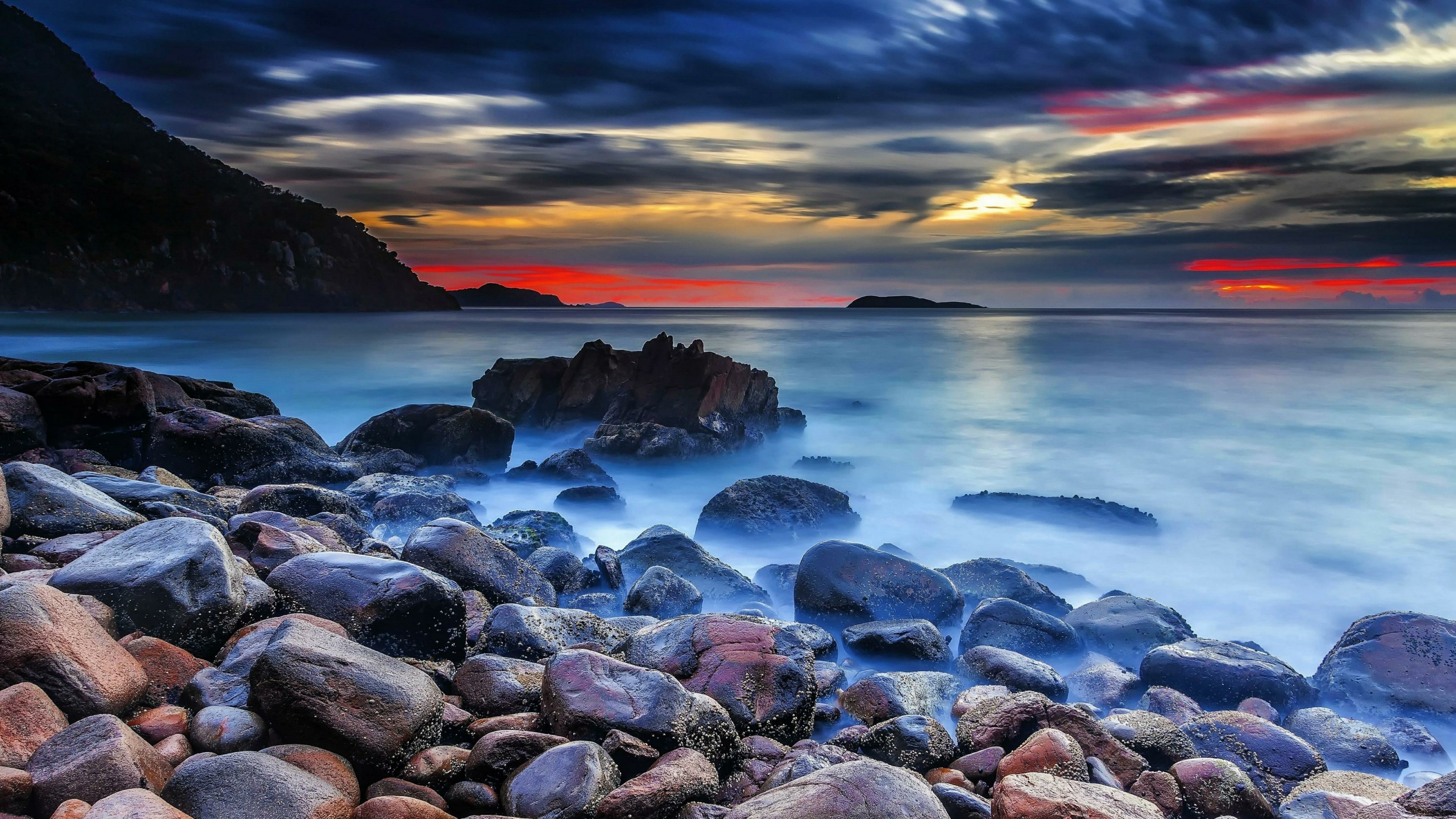 rock, sky, sunset, stones, 4K, coast, nature, ocean, water, dusk, sea, twilight, horizon, shore, HD Wallpaper
