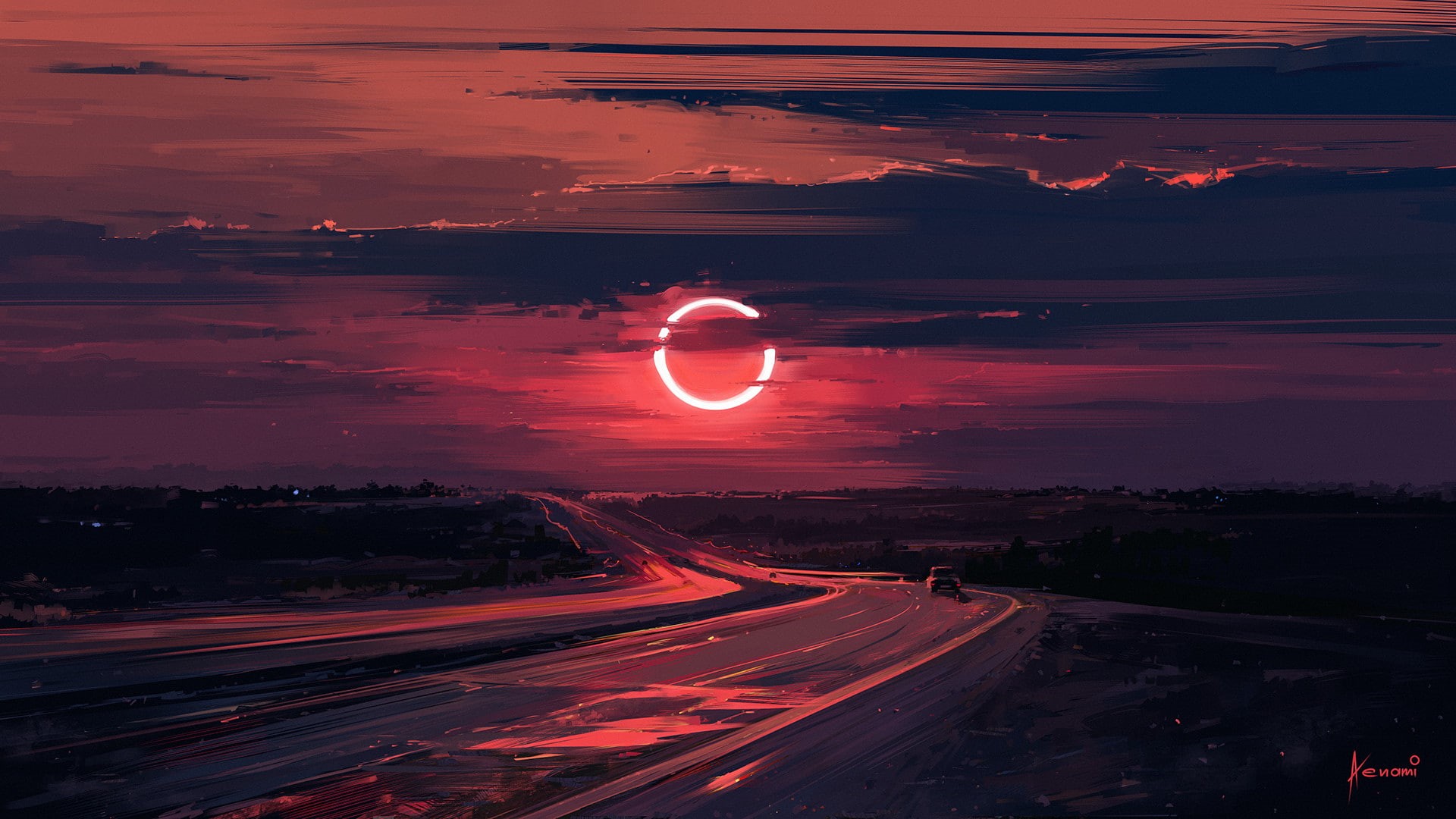 eclipse, Aenami, landscape, digital art, Sun, painting, road, 1080P, HD Wallpaper
