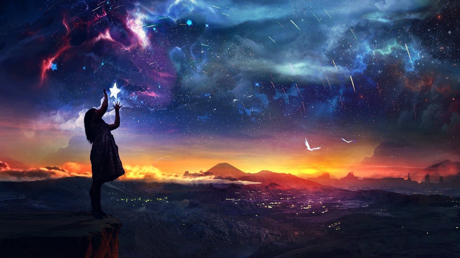 space, 1080P, full length, standing, scenics - nature, digital composite, sunset, adult, digital, city, one person, watching, artwork, fantasy art, beauty in nature, HD Wallpaper