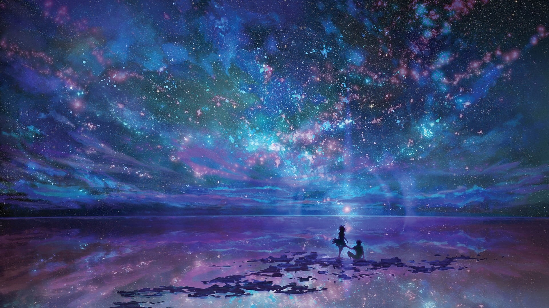 star field, sea, full length, scenics - nature, sky, painting, star - space, fantasy art, 1080P, stars, calm, one person, space and astronomy, night, body, HD Wallpaper